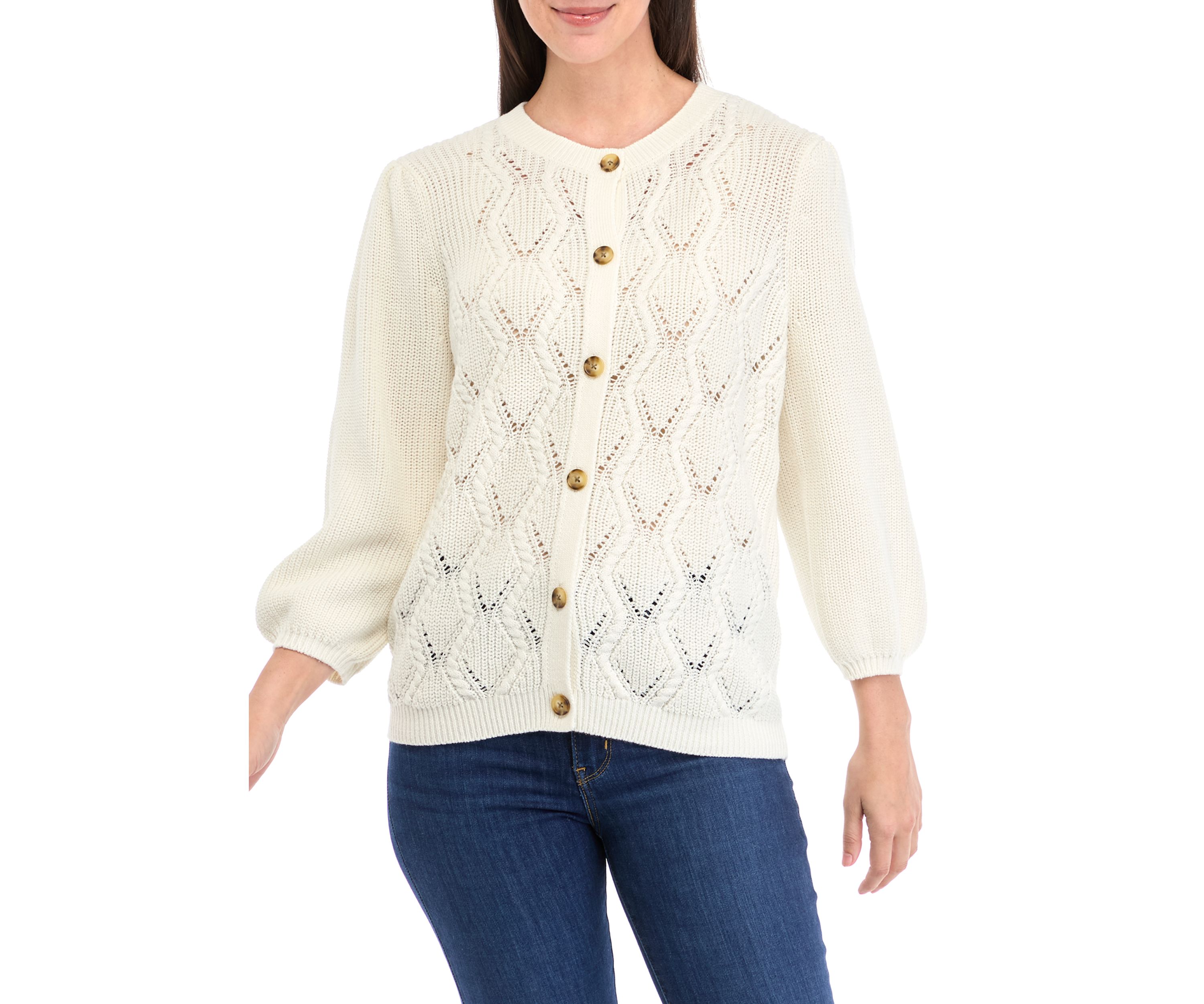Womens 3/4 Sleeve Cable Knit Cardigan
