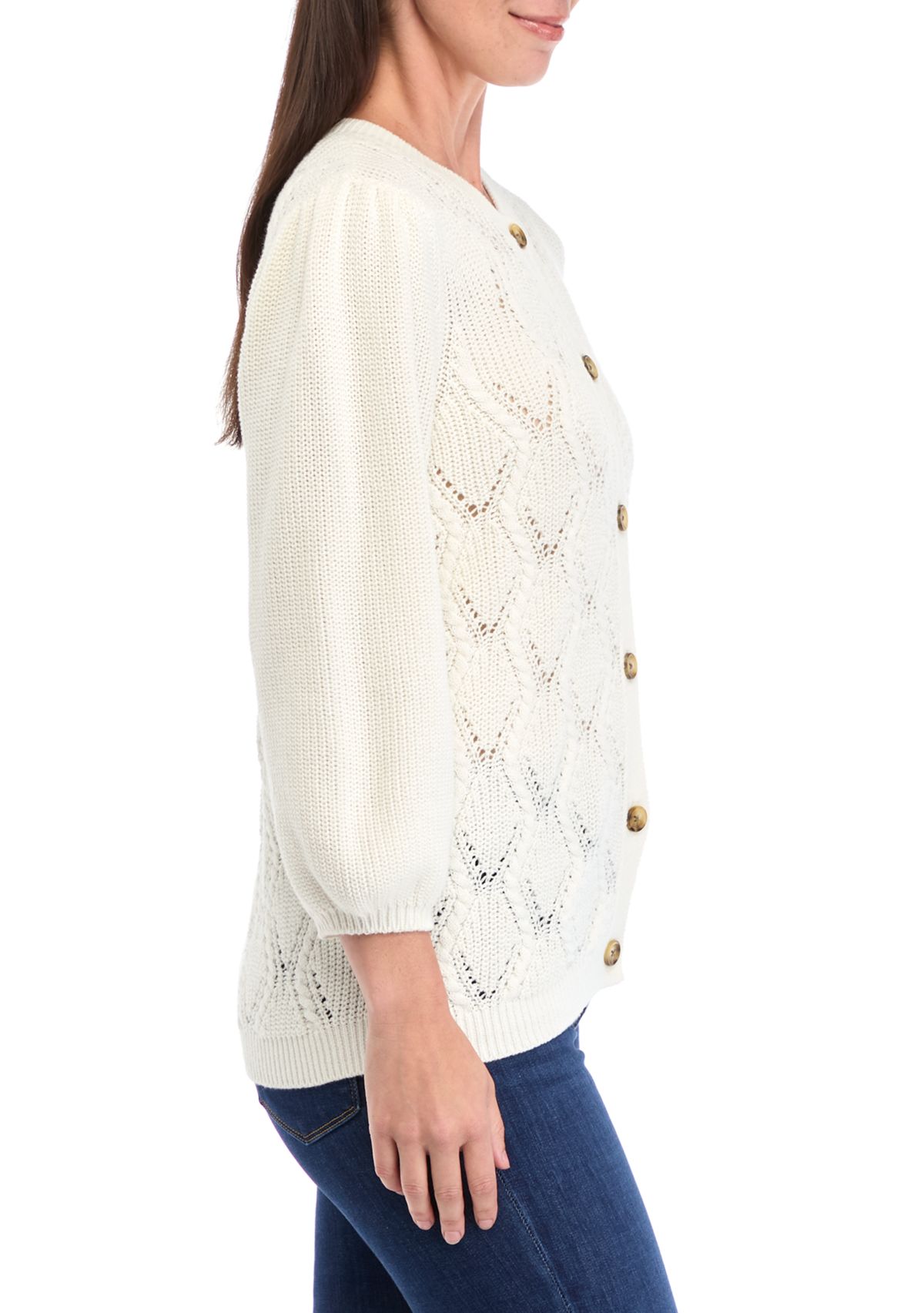Womens 3/4 Sleeve Cable Knit Cardigan
