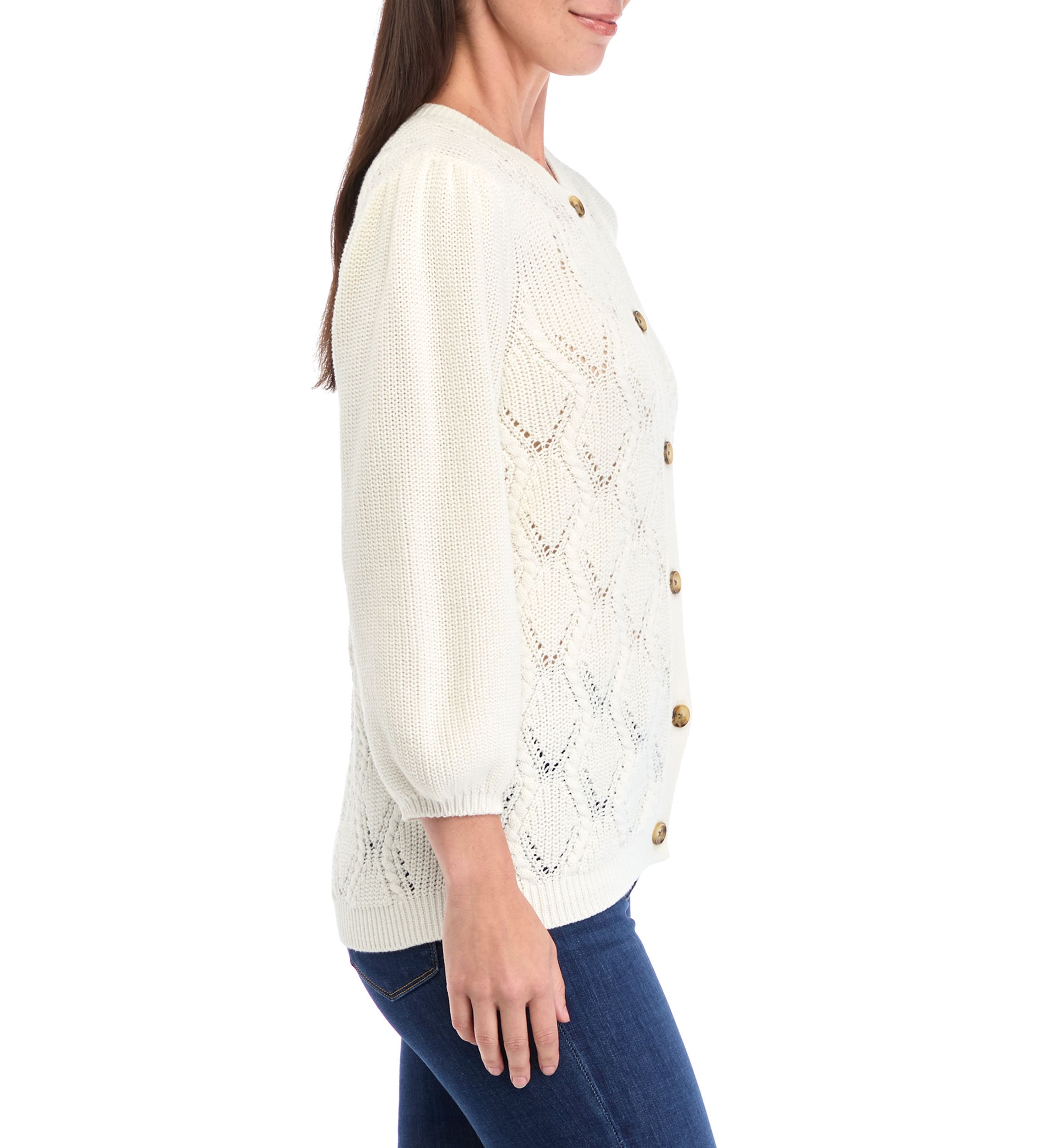 Womens 3/4 Sleeve Cable Knit Cardigan