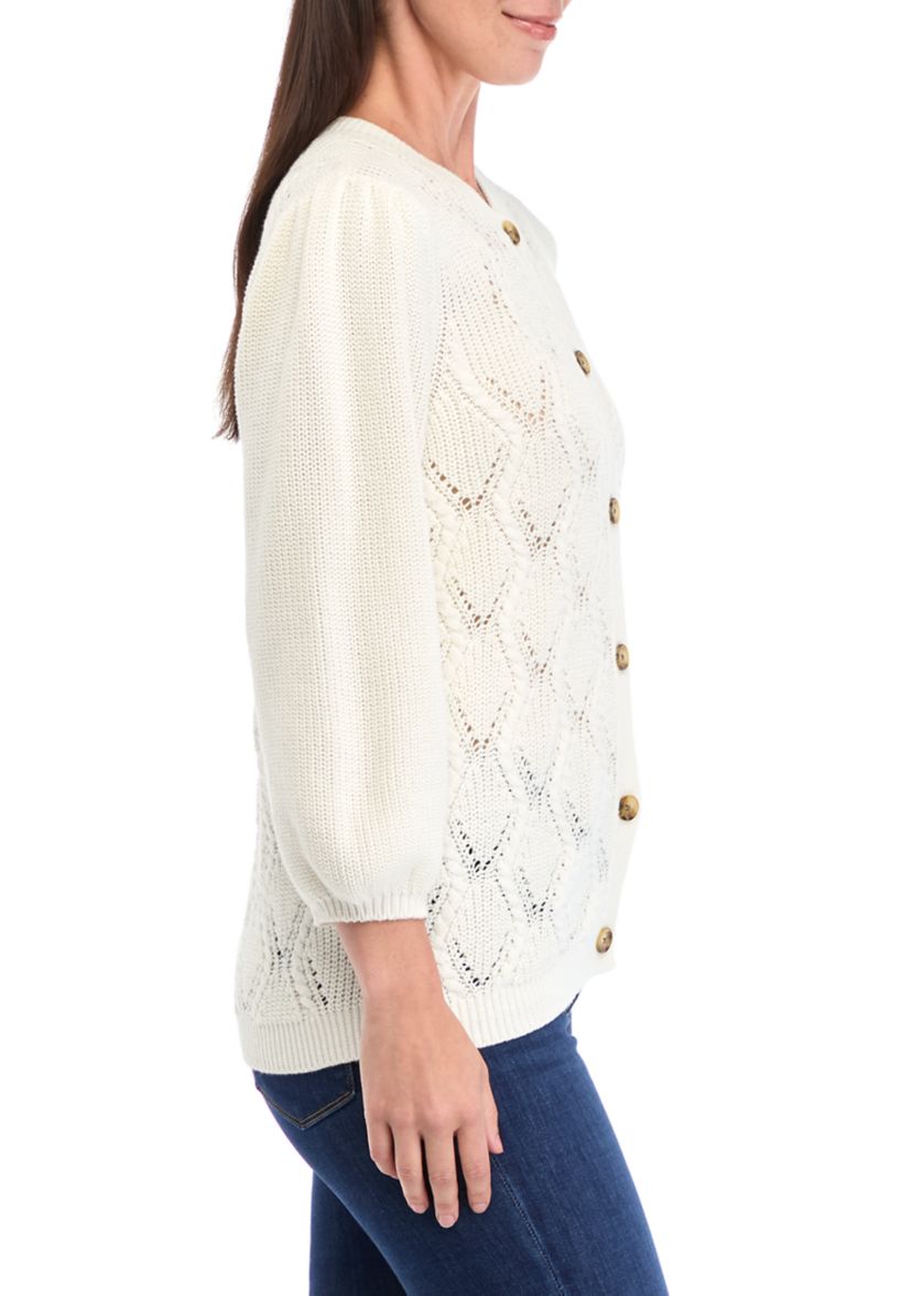Womens 3/4 Sleeve Cable Knit Cardigan