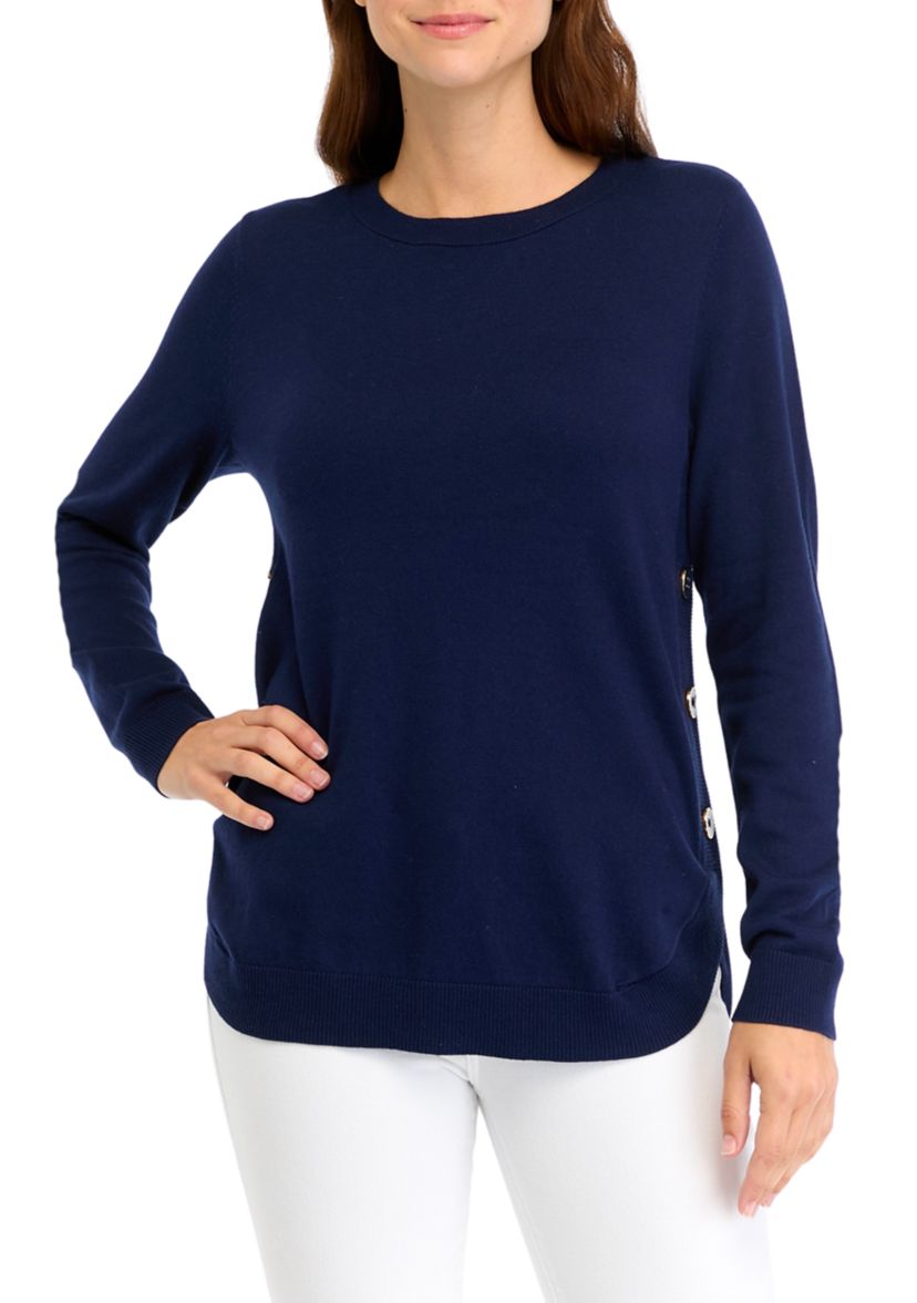 Womens Solid Button Trim Sweater