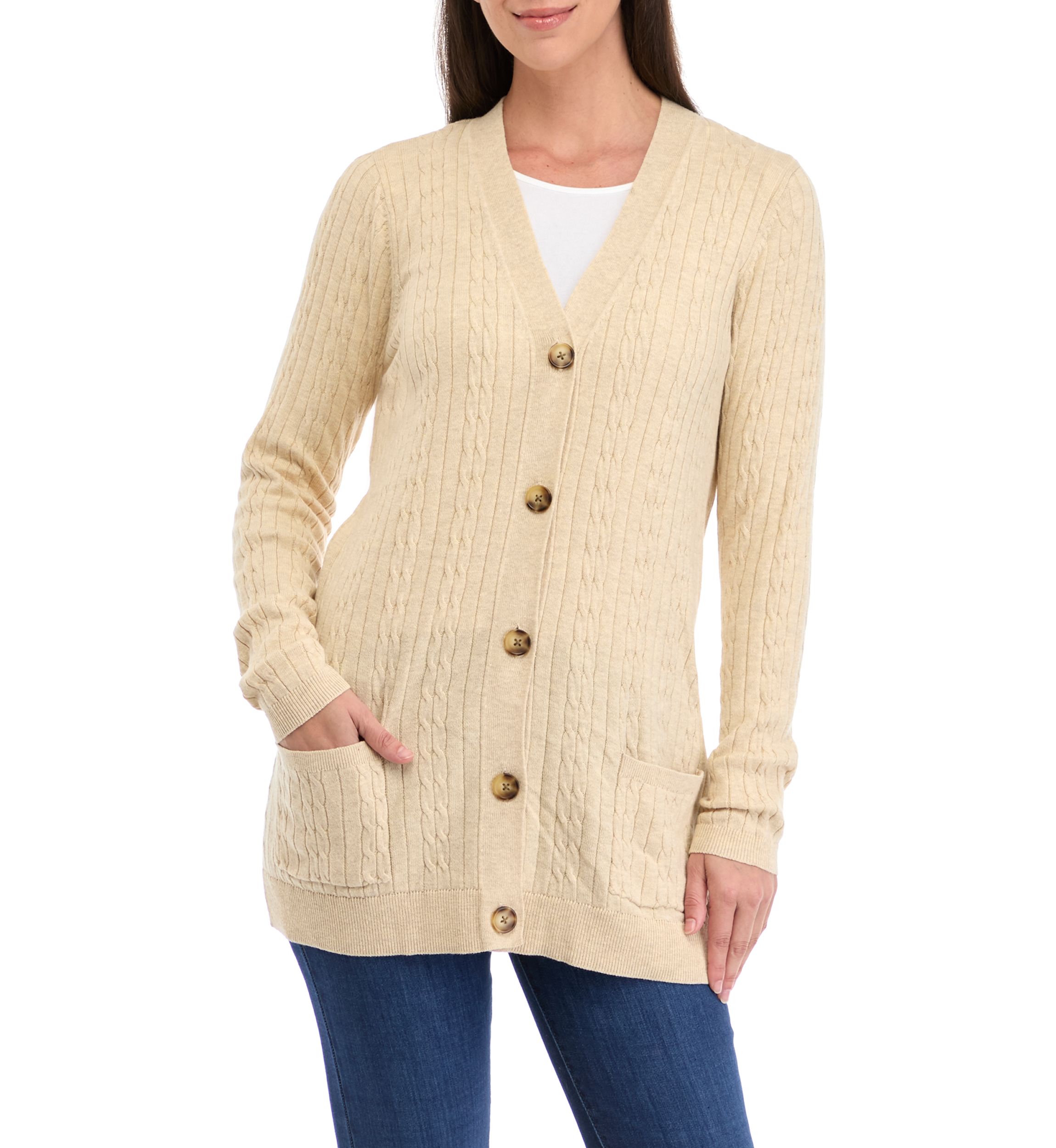 Womens Button Front Cable Knit Cardigan