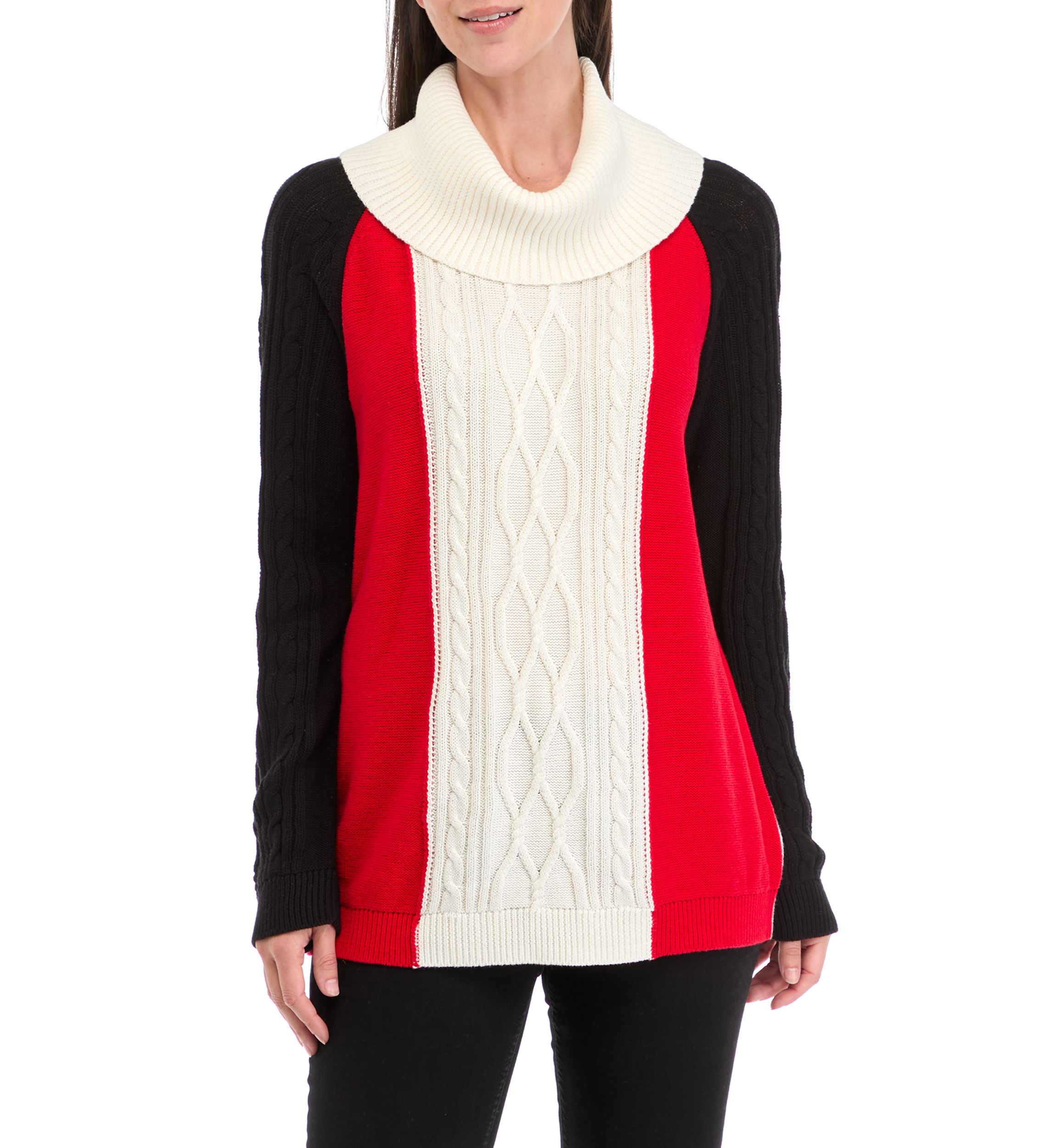 Womens Cowl Neck Color Blocked Cable Knit Sweater