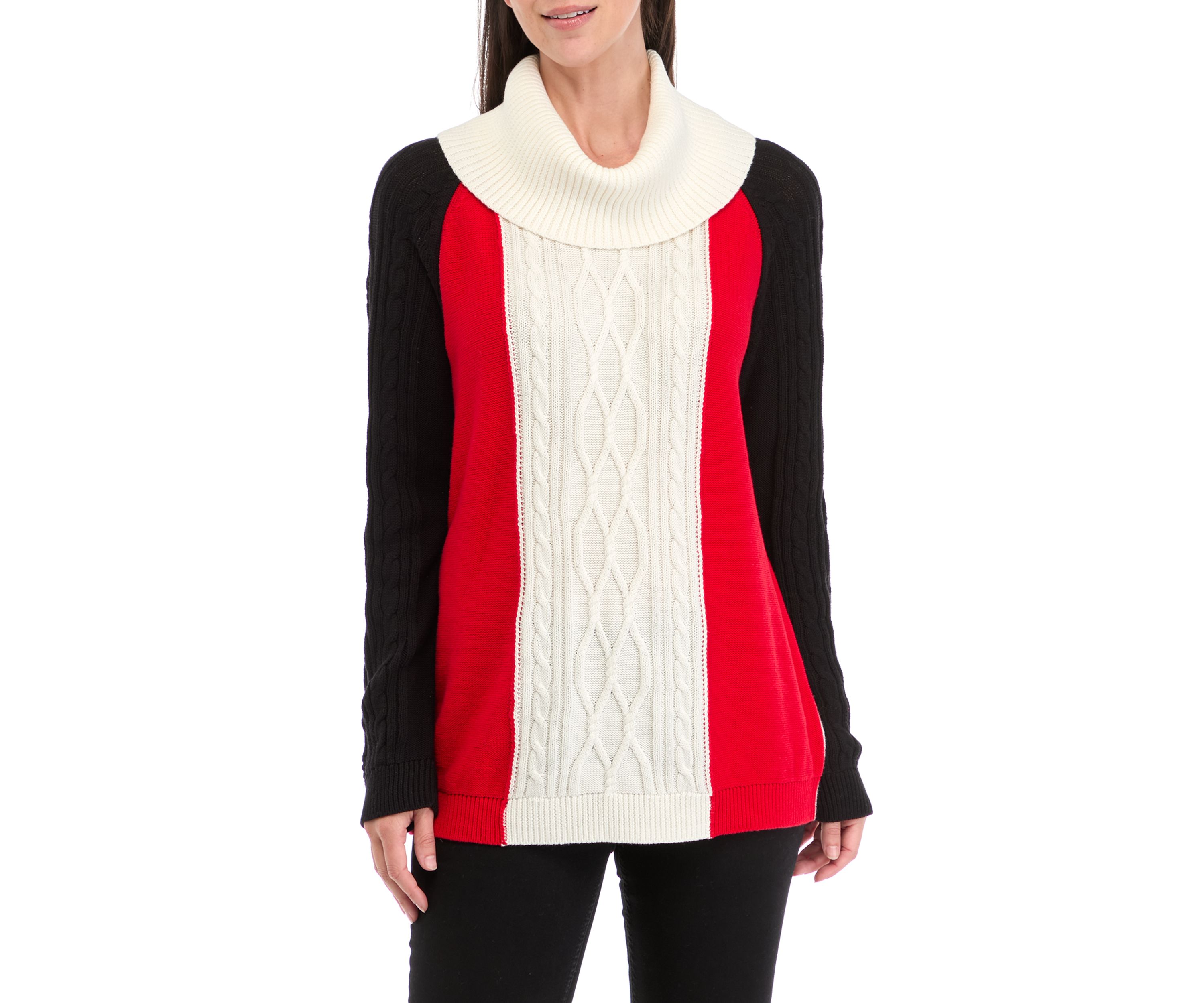 Womens Cowl Neck Color Blocked Cable Knit Sweater