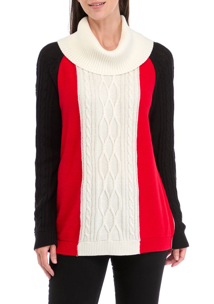 Womens Cowl Neck Color Blocked Cable Knit Sweater