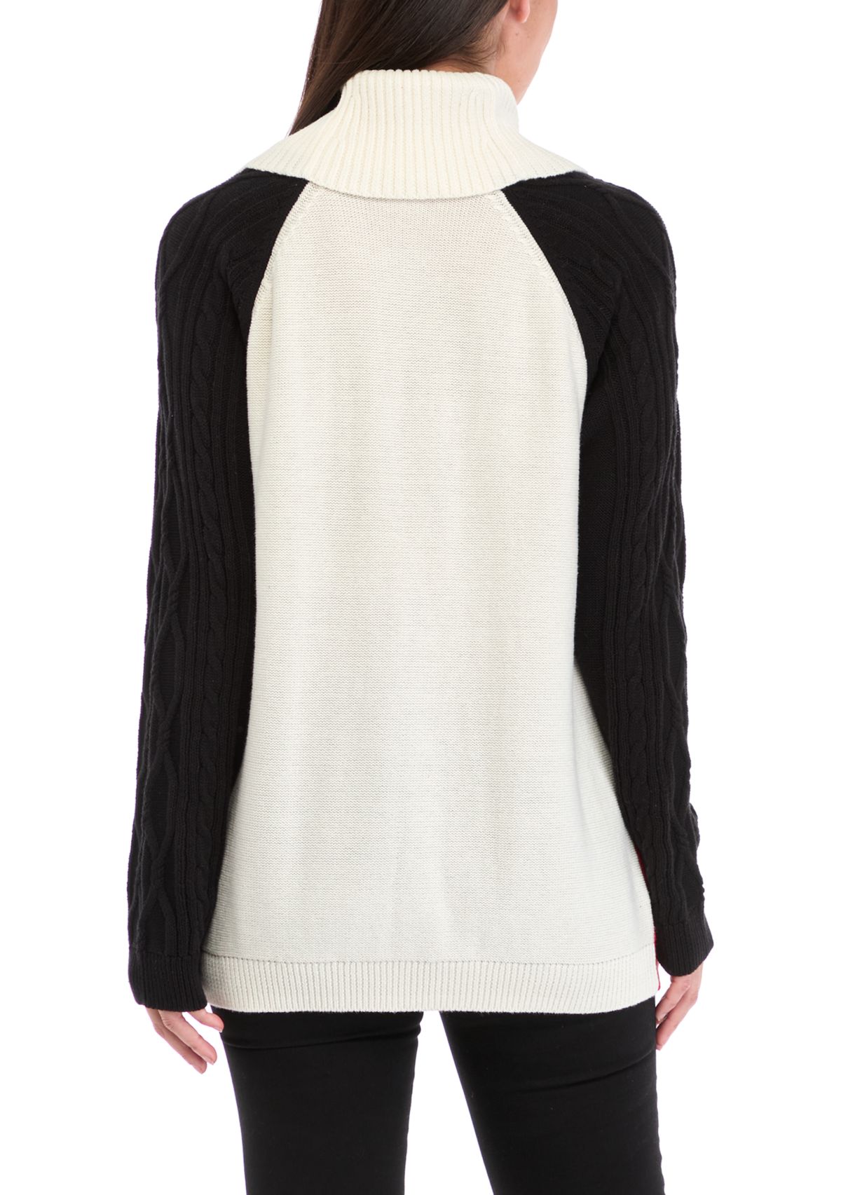 Womens Cowl Neck Color Blocked Cable Knit Sweater