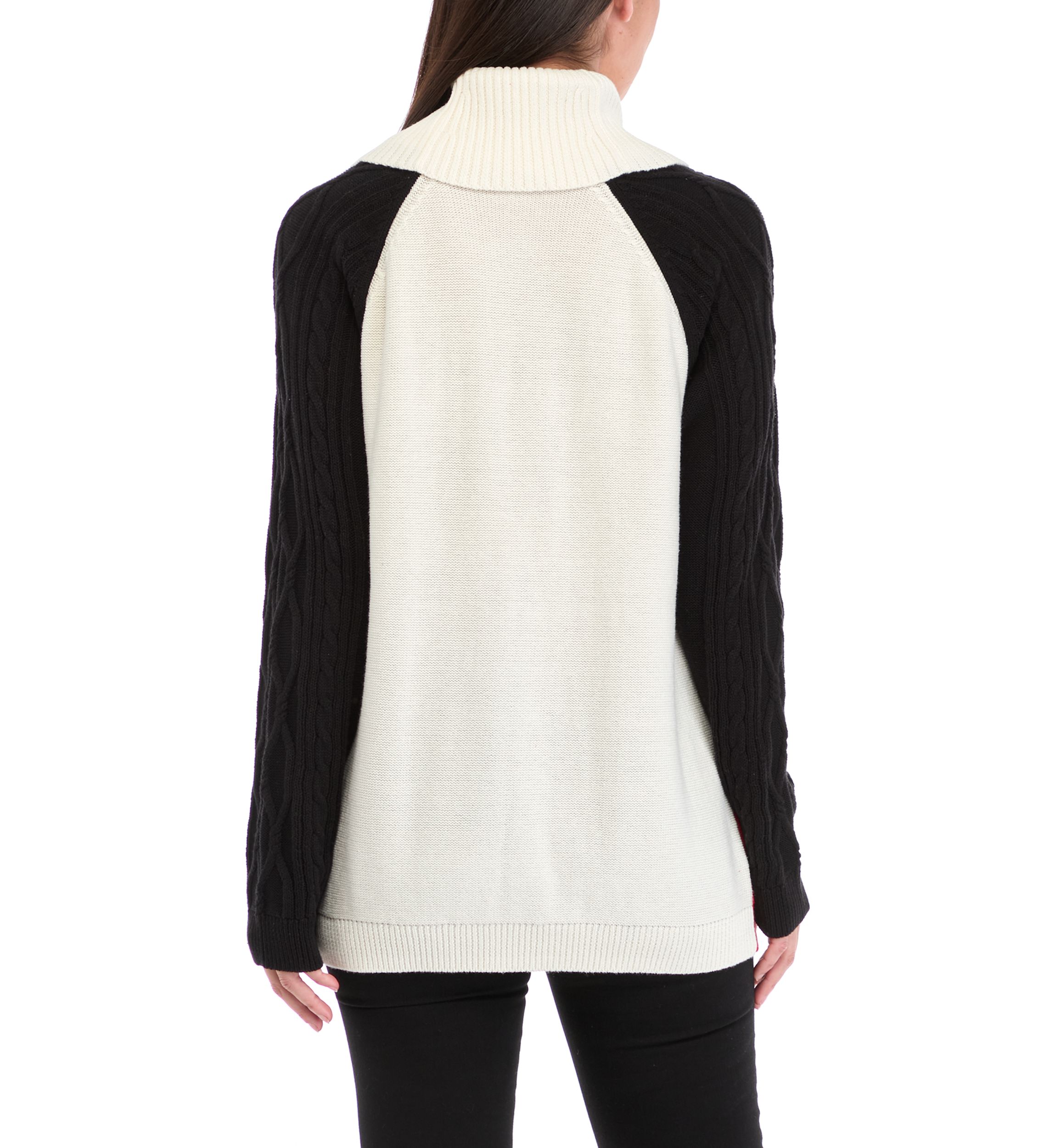 Womens Cowl Neck Color Blocked Cable Knit Sweater