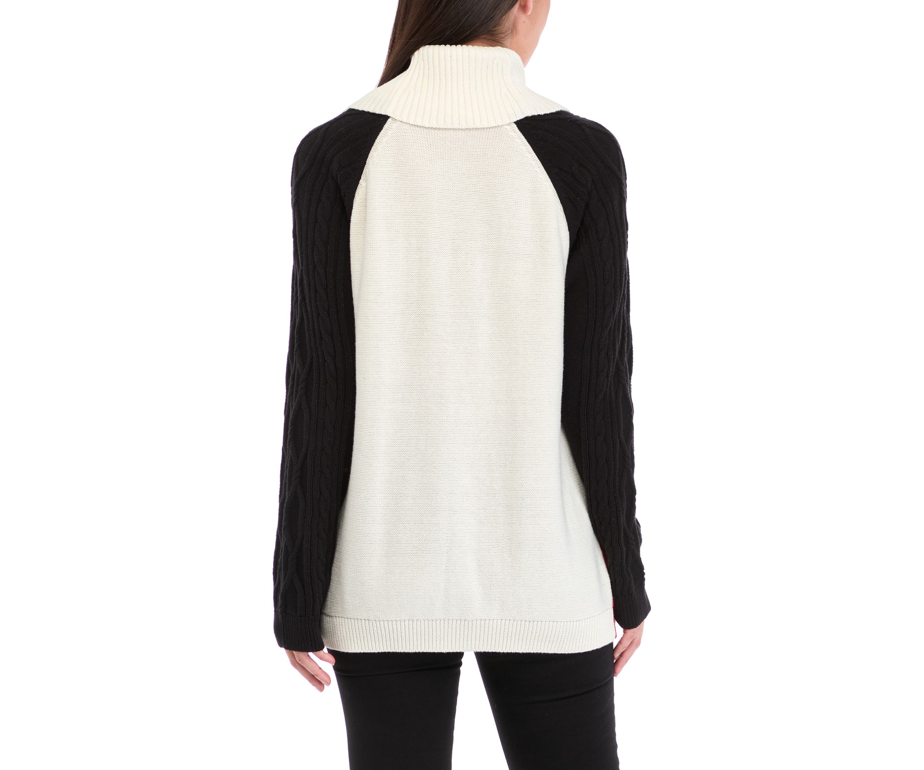 Womens Cowl Neck Color Blocked Cable Knit Sweater