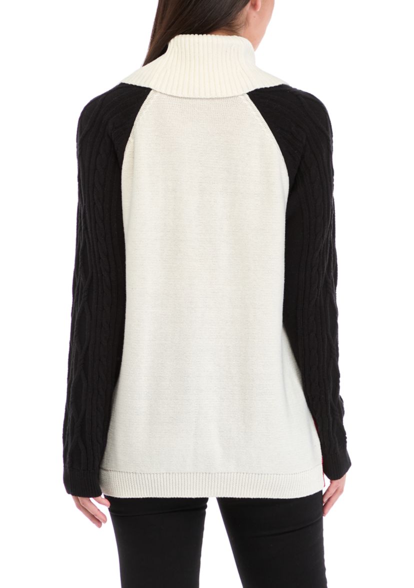 Womens Cowl Neck Color Blocked Cable Knit Sweater
