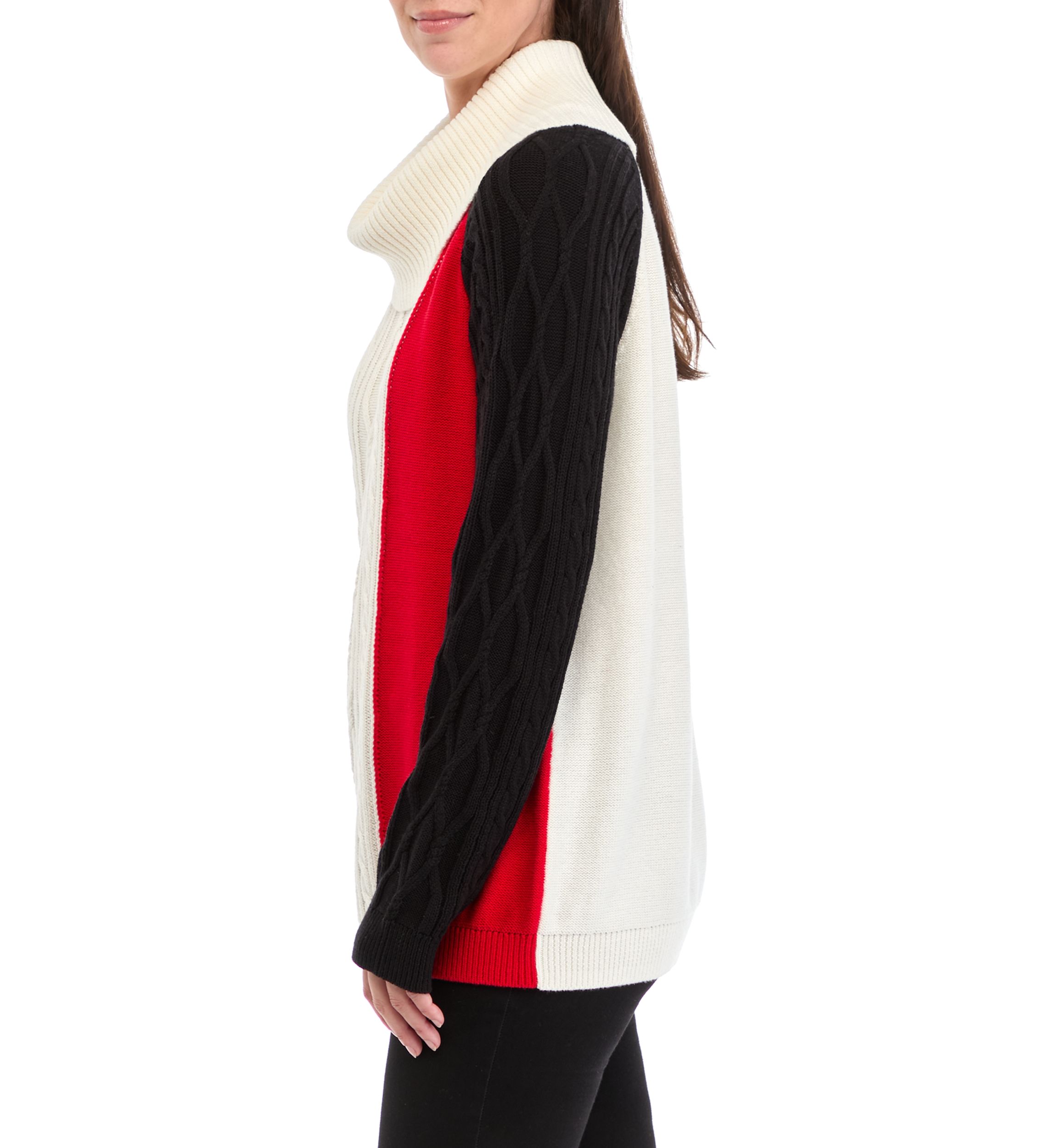 Womens Cowl Neck Color Blocked Cable Knit Sweater