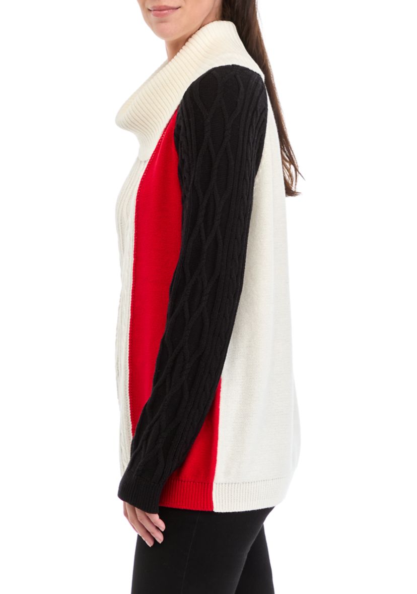 Womens Cowl Neck Color Blocked Cable Knit Sweater