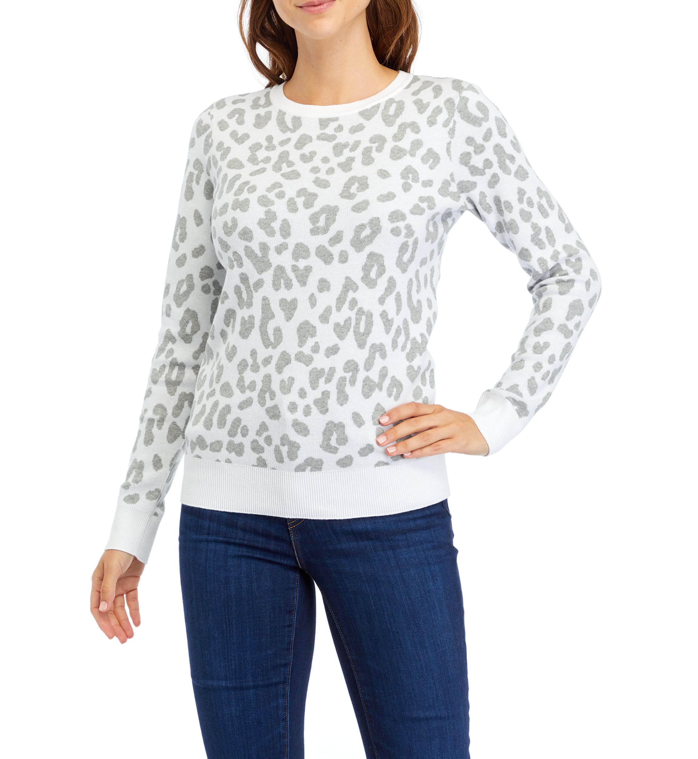 Womens Long Sleeve Animal Print Crew Sweater 