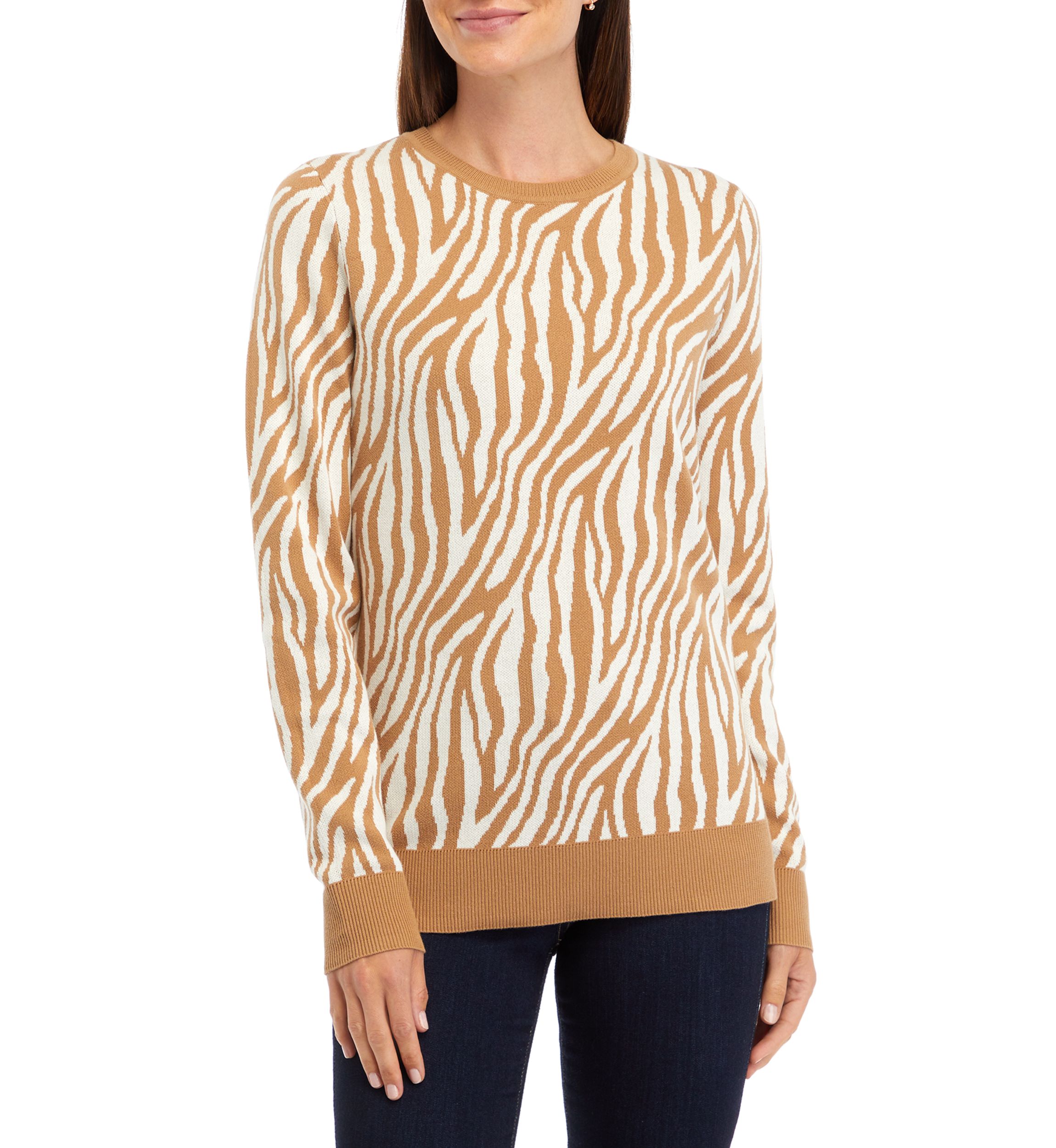 Womens Long Sleeve Crew Jacquard Sweater 