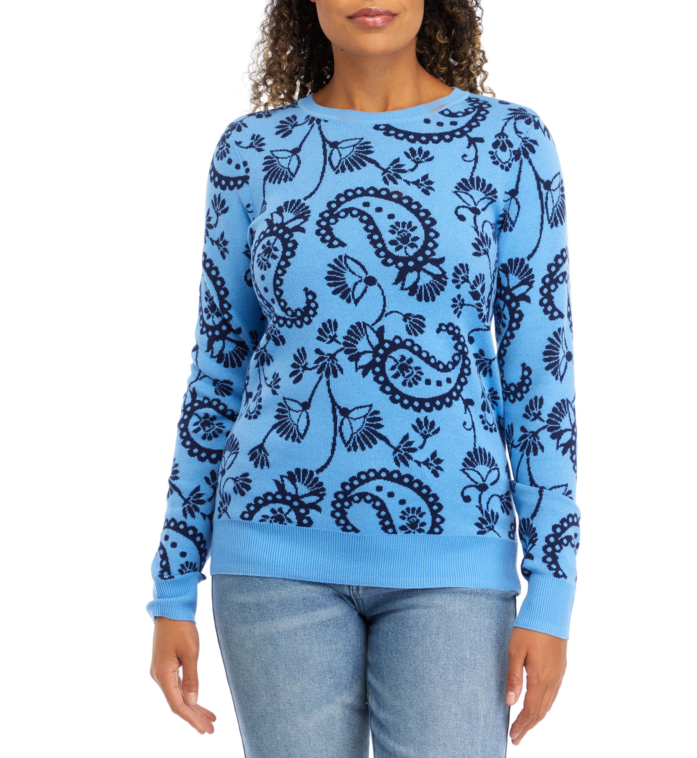 Womens Long Sleeve Jacquard Printed Crew Pullover