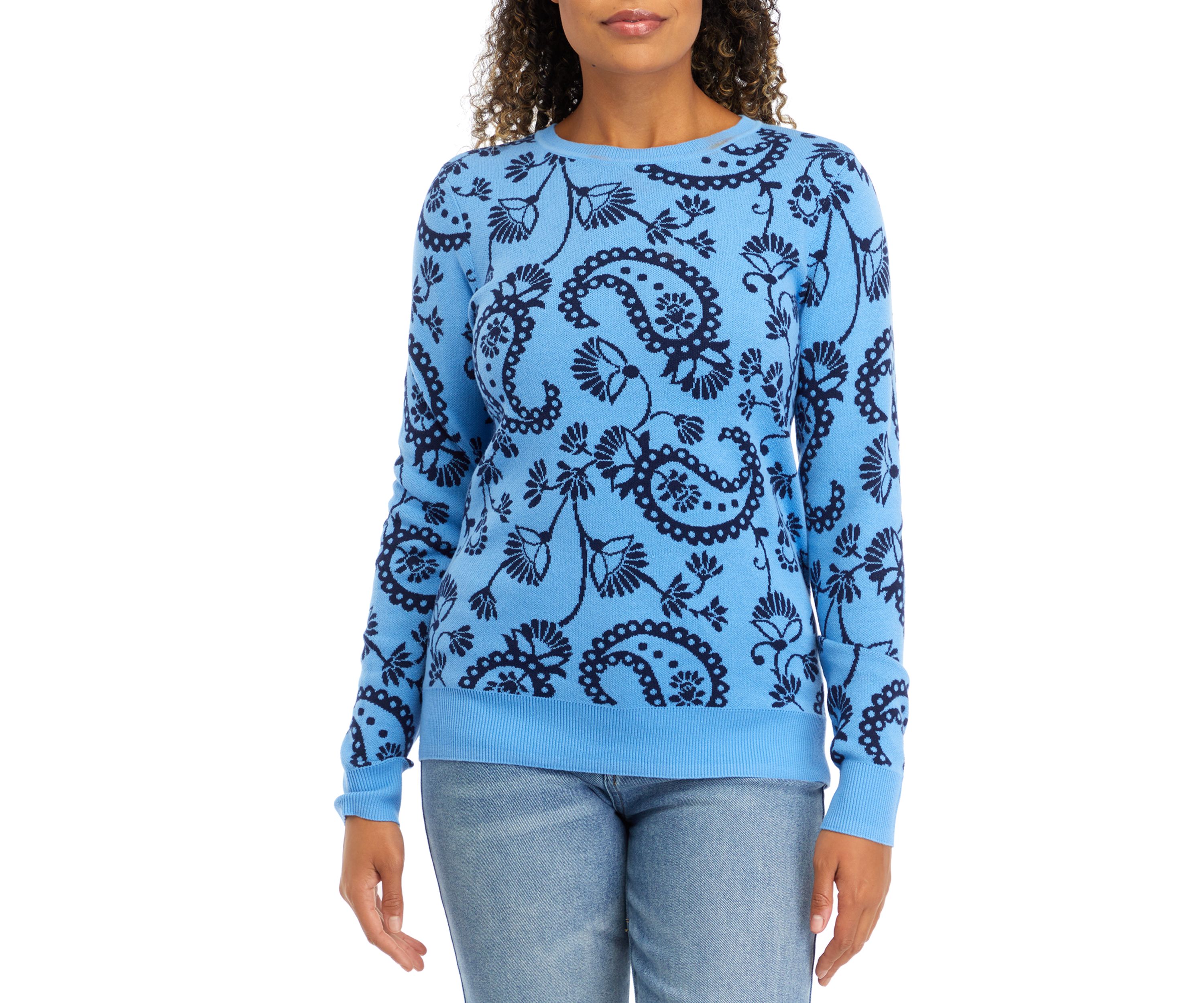 Womens Long Sleeve Jacquard Printed Crew Pullover