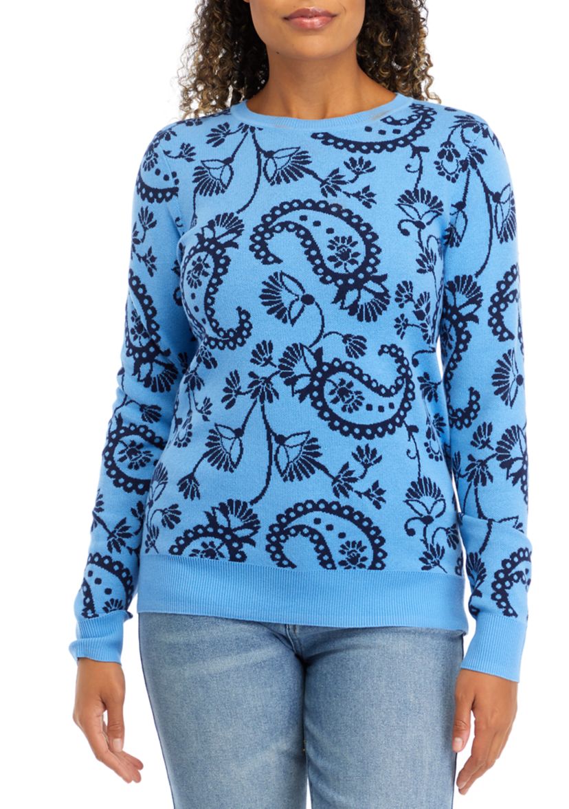 Womens Long Sleeve Jacquard Printed Crew Pullover