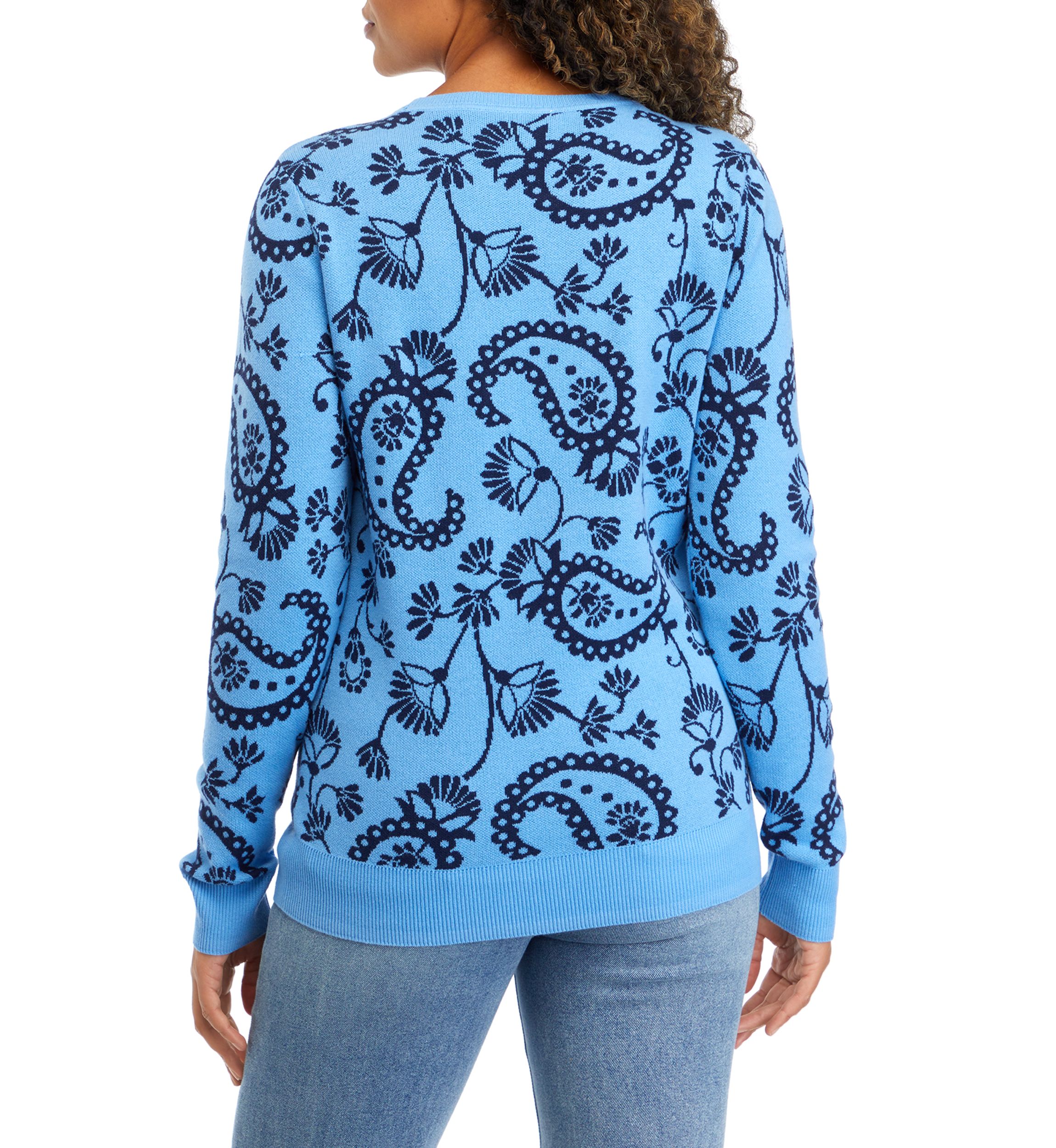 Womens Long Sleeve Jacquard Printed Crew Pullover