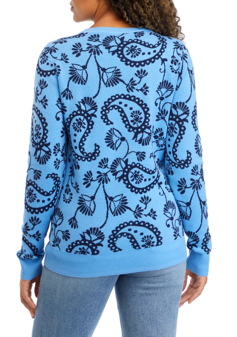 Womens Long Sleeve Jacquard Printed Crew Pullover