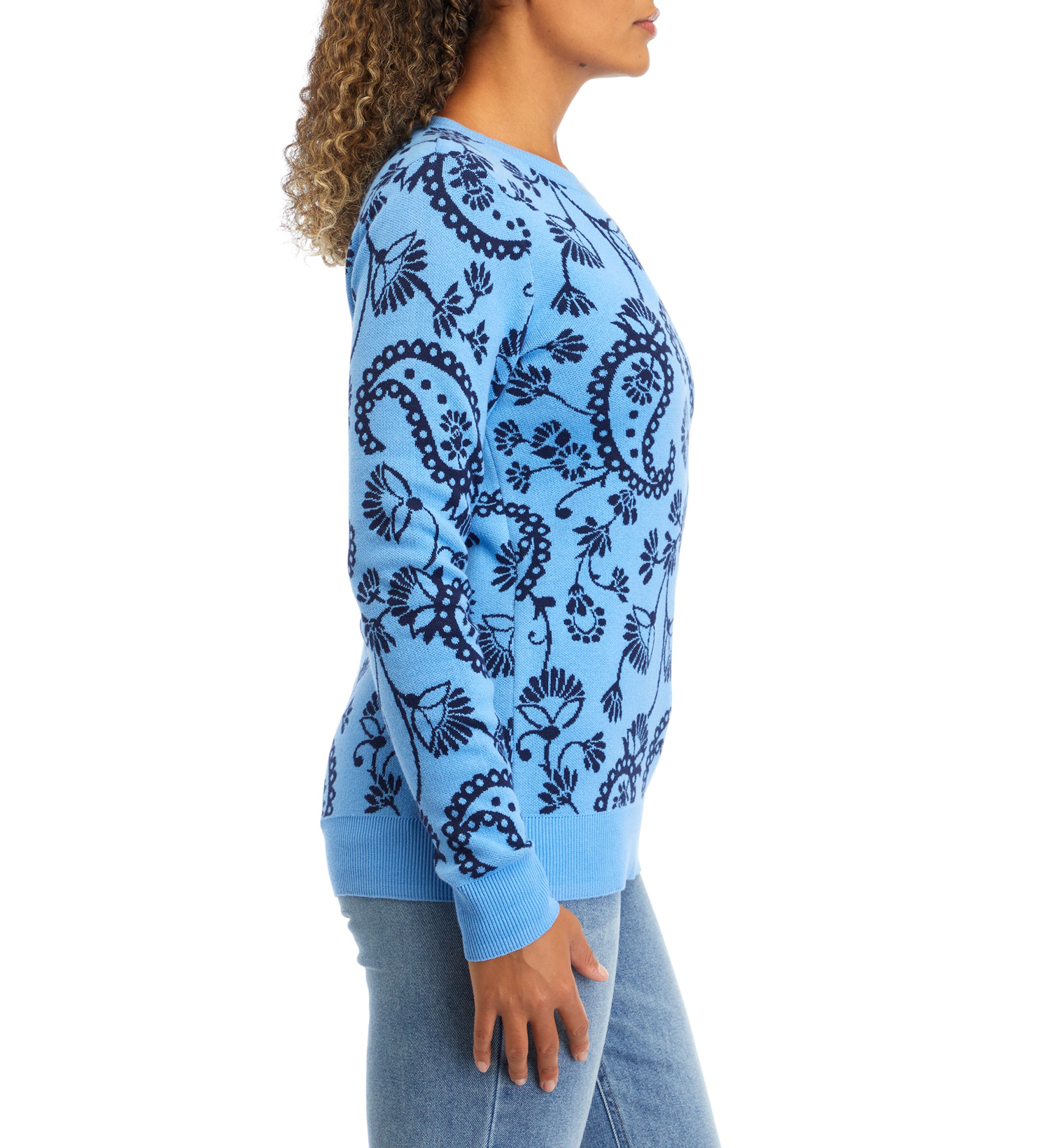 Womens Long Sleeve Jacquard Printed Crew Pullover