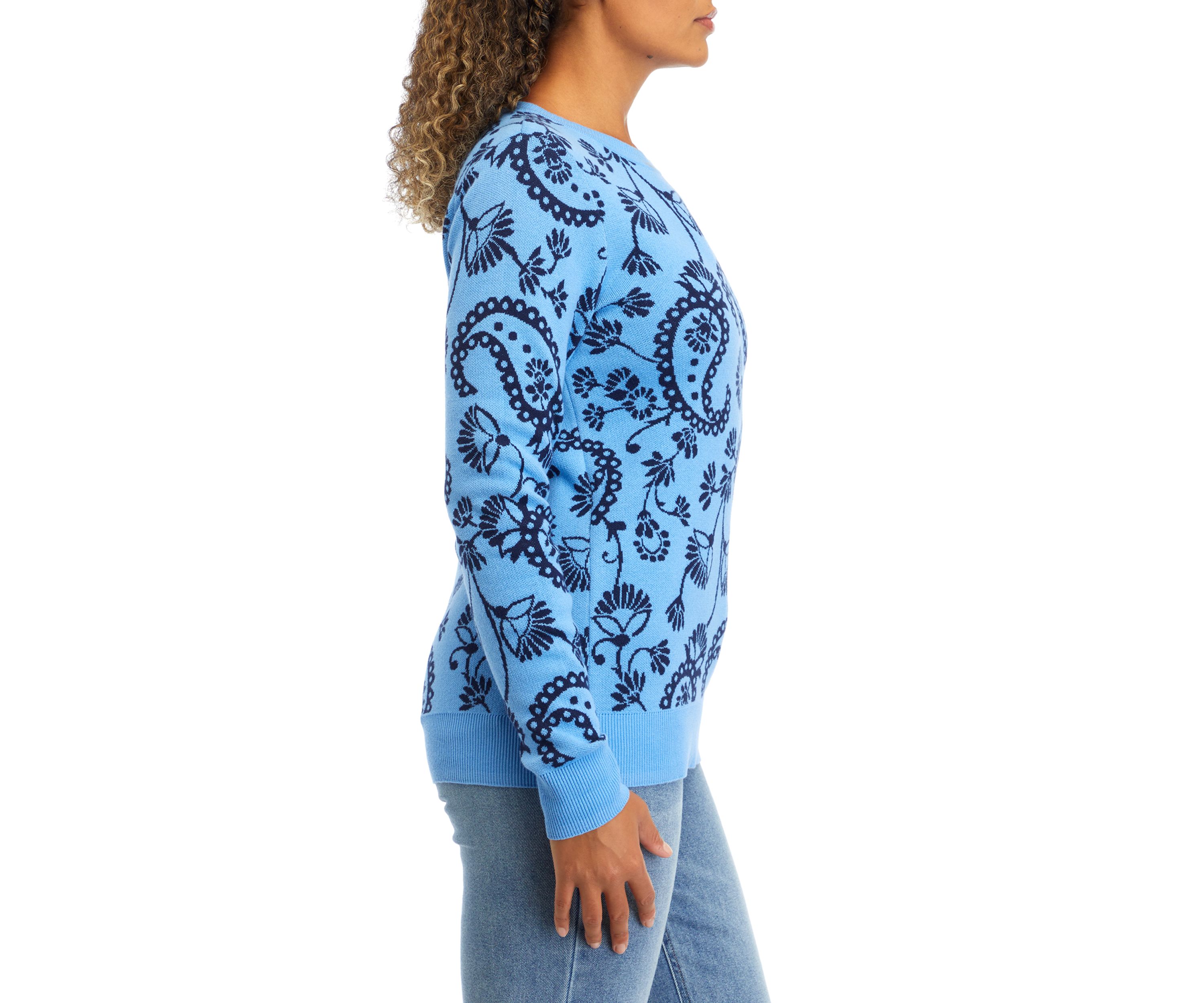Womens Long Sleeve Jacquard Printed Crew Pullover