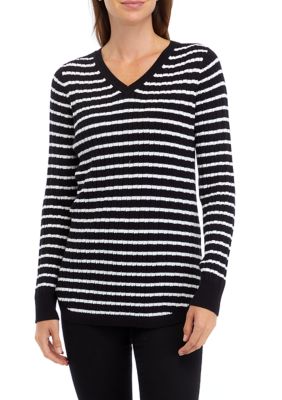 Kim Rogers Women's Long Sleeve Cable V-Neck Striped Sweater, Black, XXL