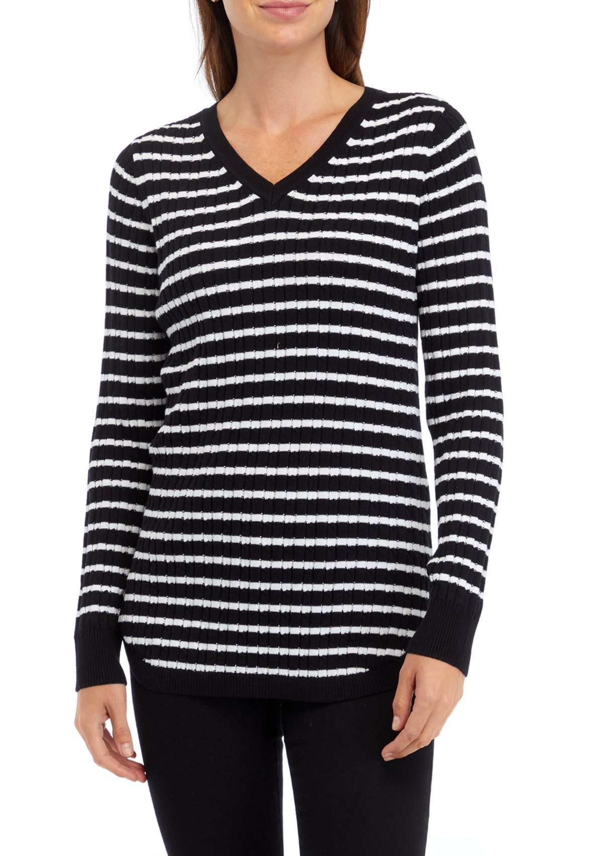 Womens Long Sleeve Cable V-Neck Striped Sweater 