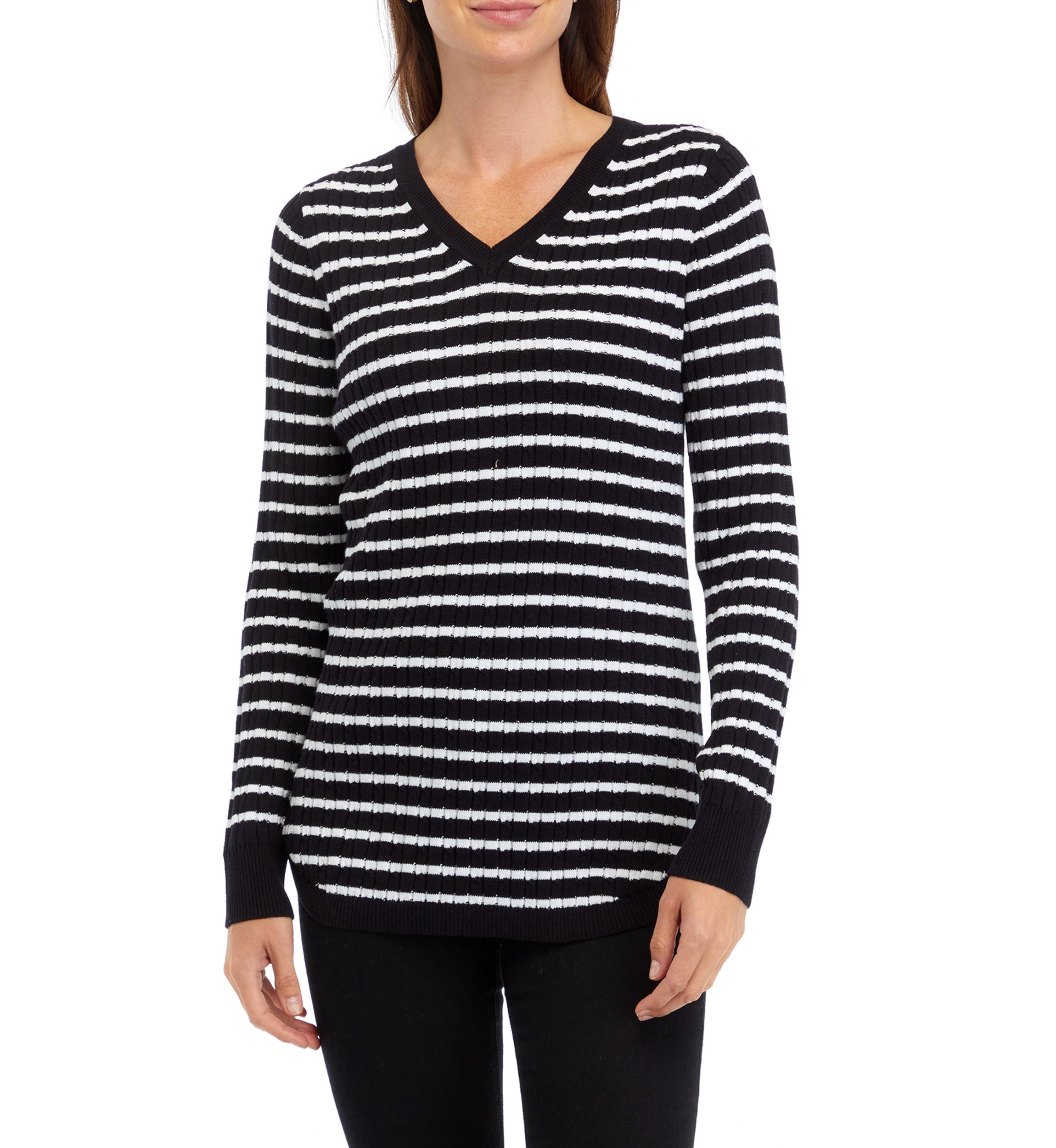 Womens Long Sleeve Cable V-Neck Striped Sweater 