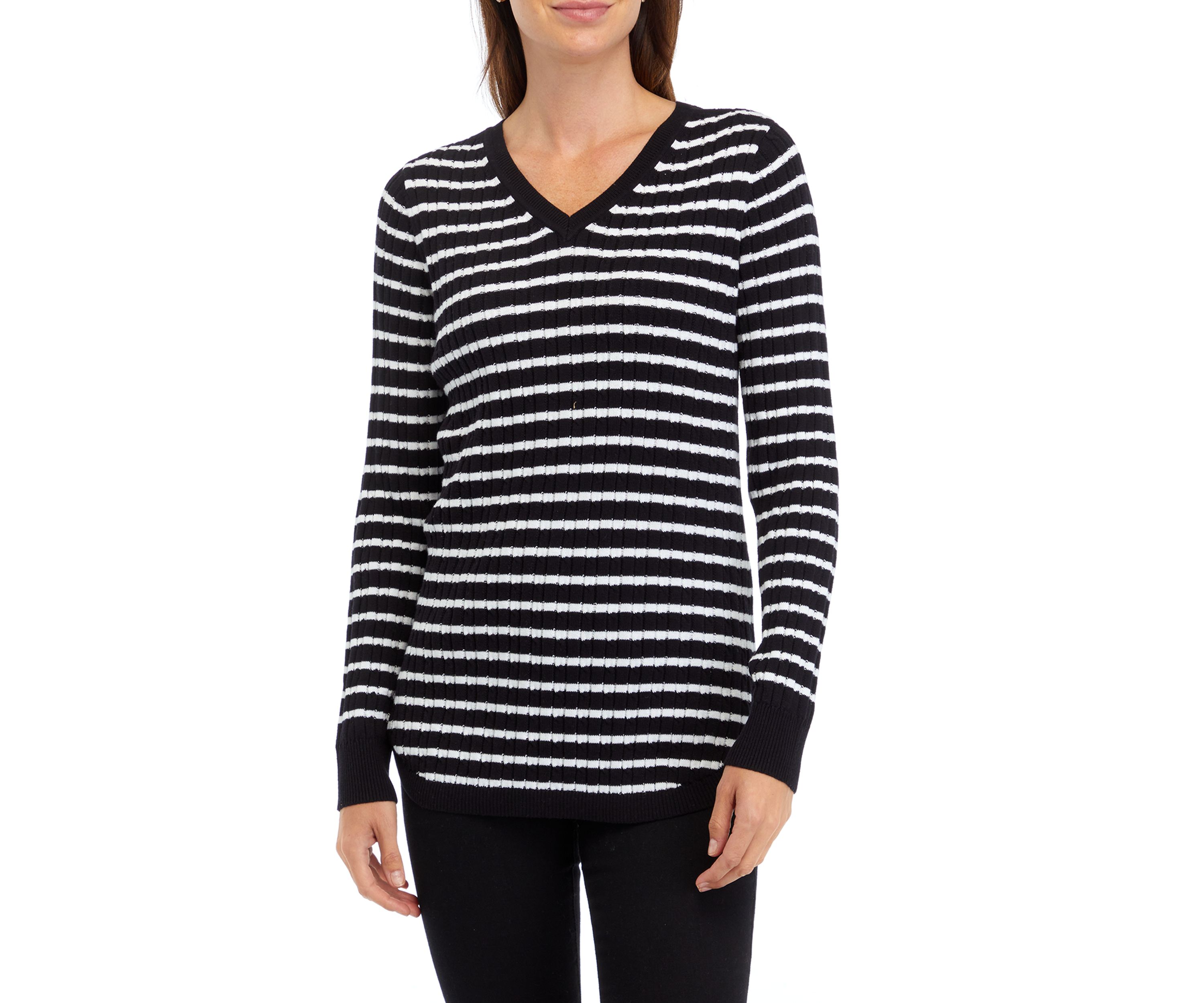 Womens Long Sleeve Cable V-Neck Striped Sweater 