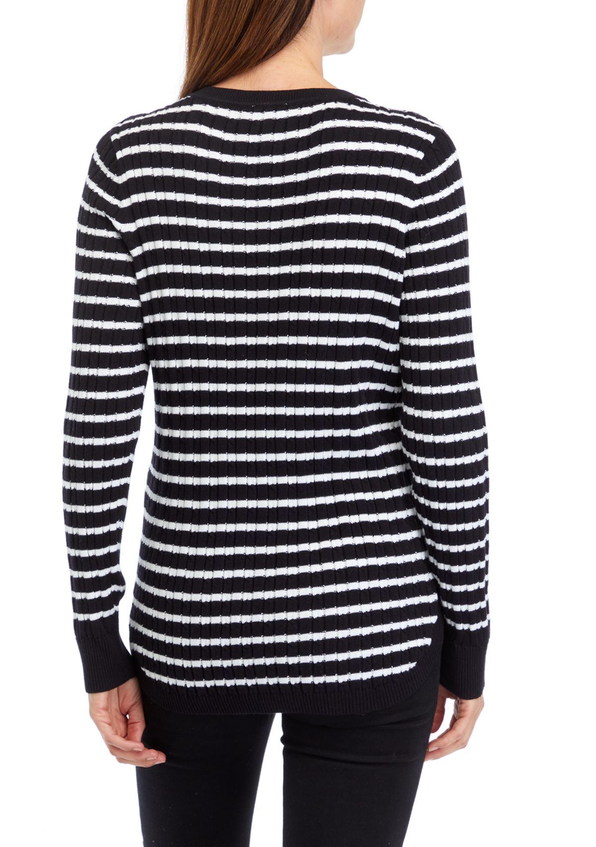 Womens Long Sleeve Cable V-Neck Striped Sweater 