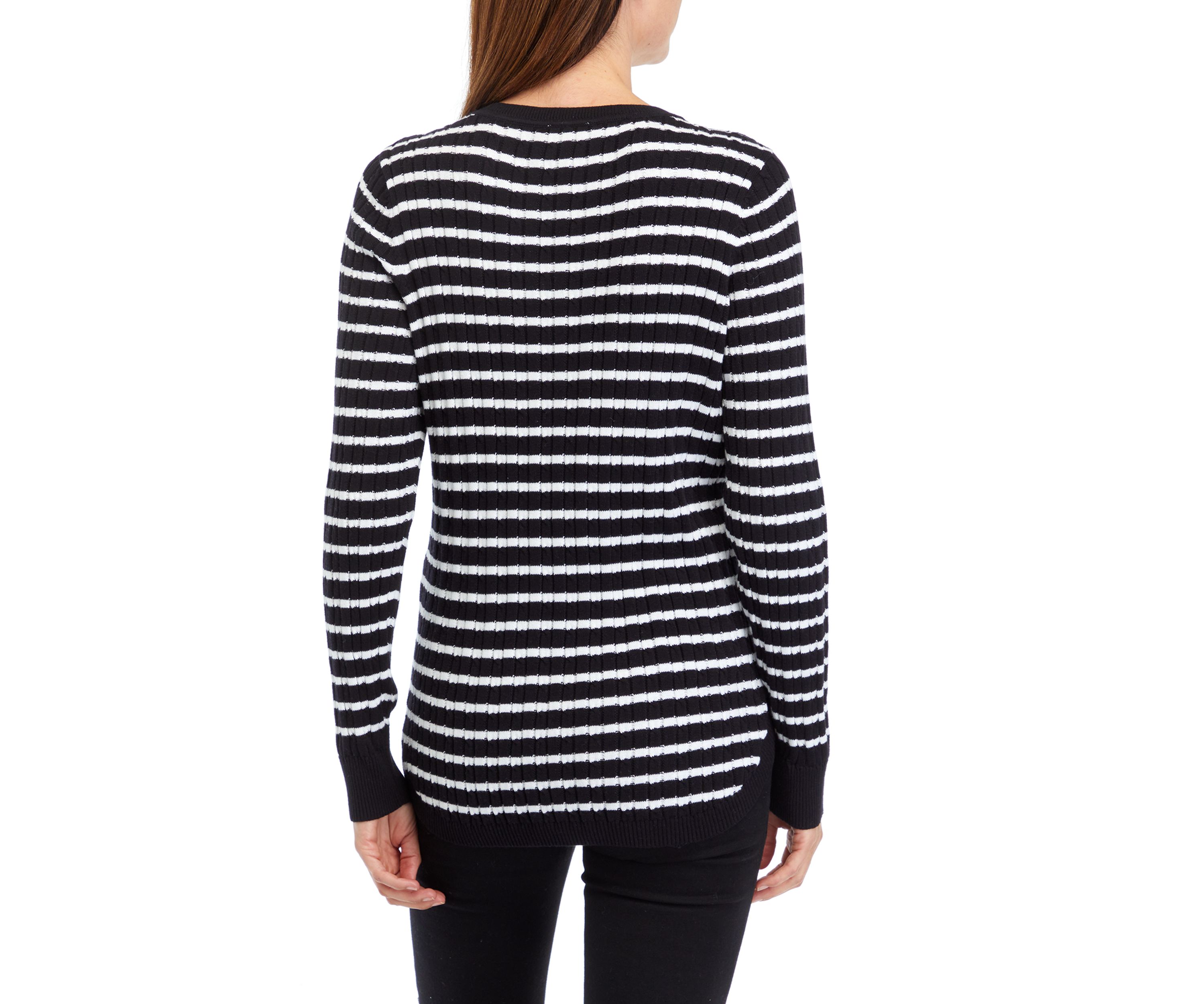 Womens Long Sleeve Cable V-Neck Striped Sweater 