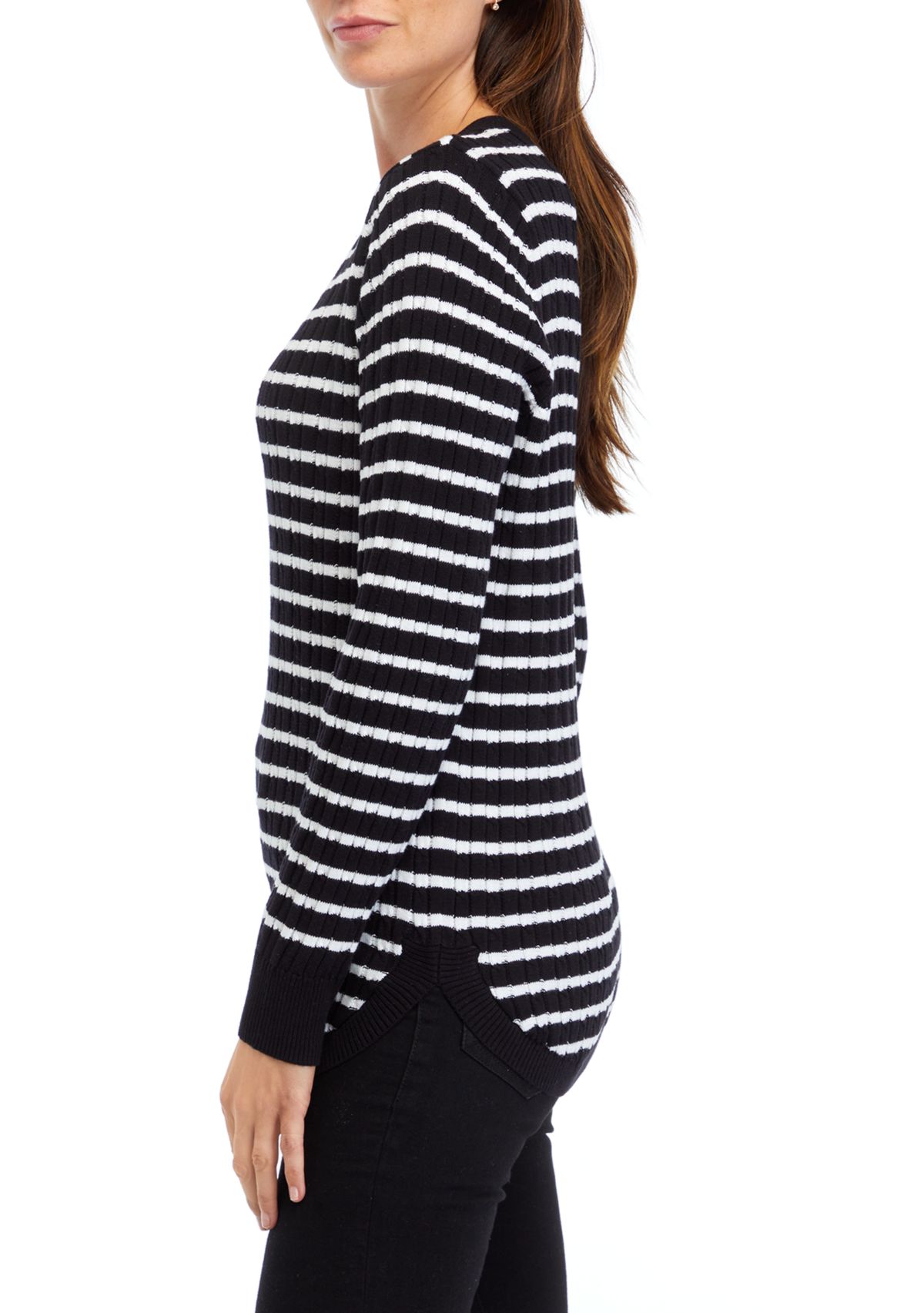 Womens Long Sleeve Cable V-Neck Striped Sweater 