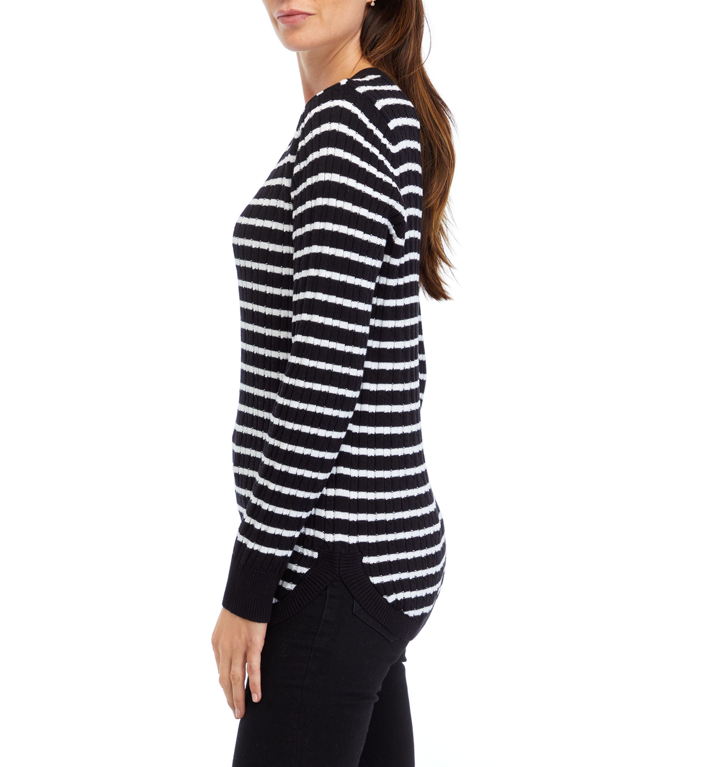 Womens Long Sleeve Cable V-Neck Striped Sweater 