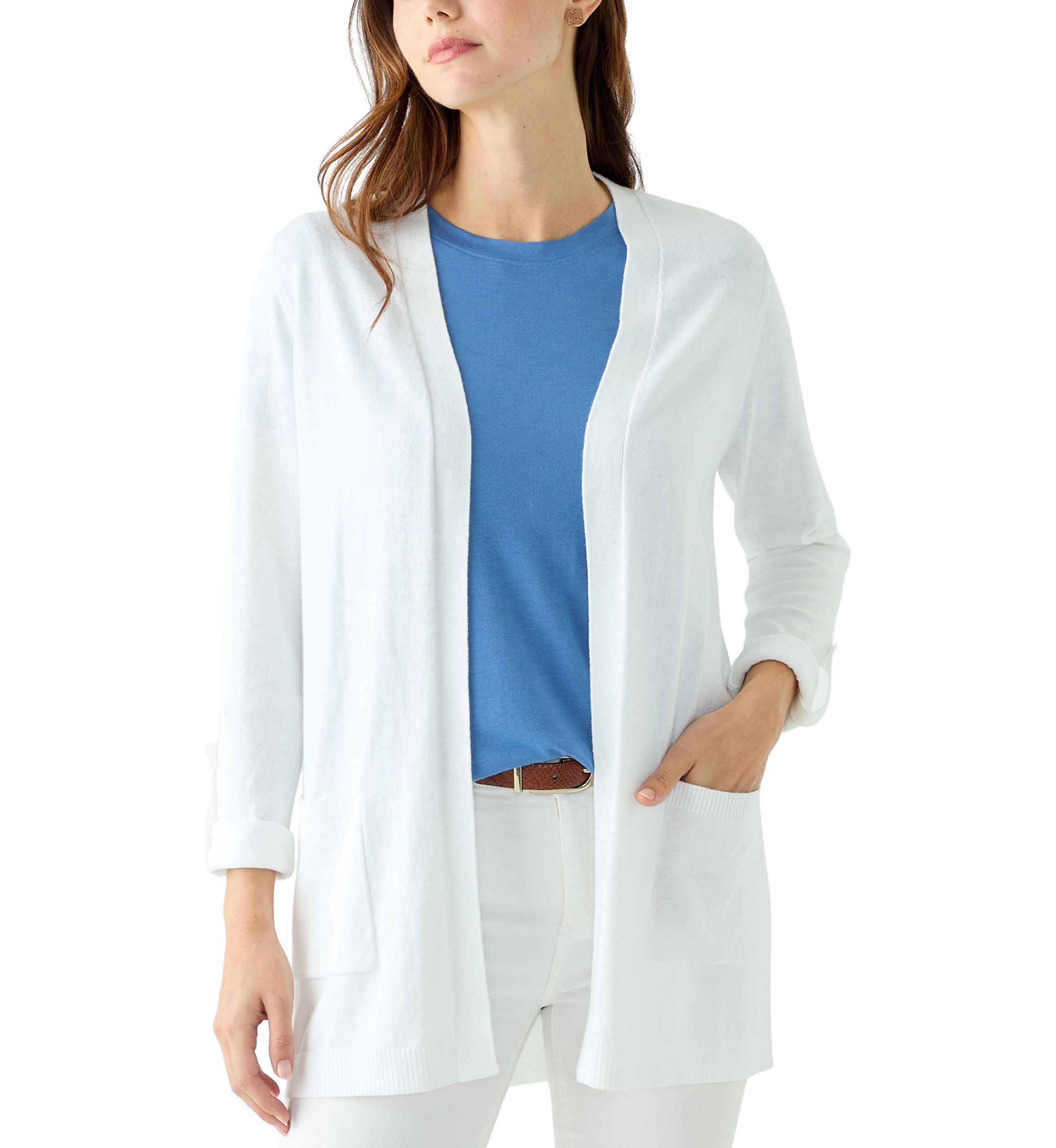 Womens Roll Tab Solid Cardigan