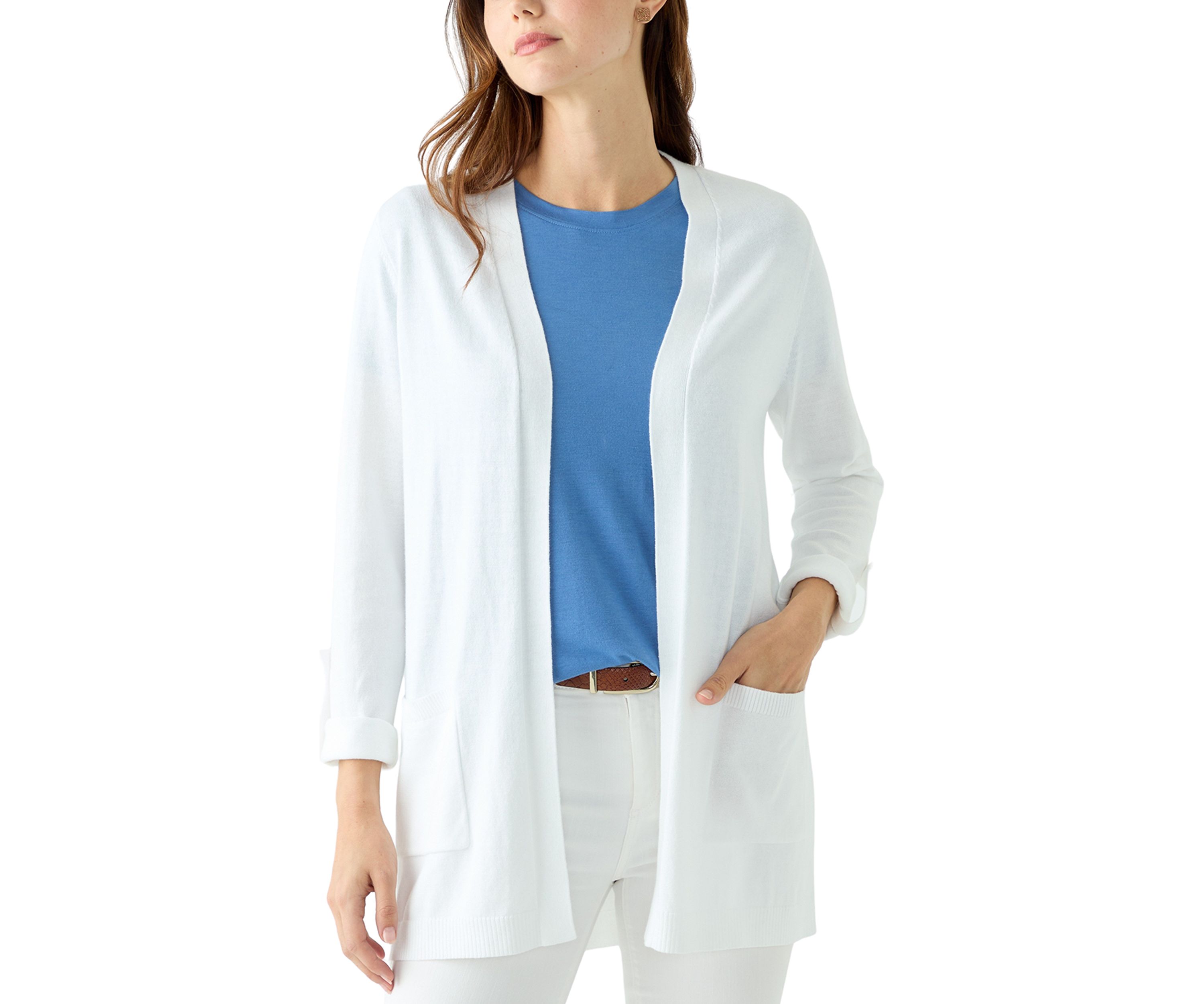 Womens Roll Tab Solid Cardigan
