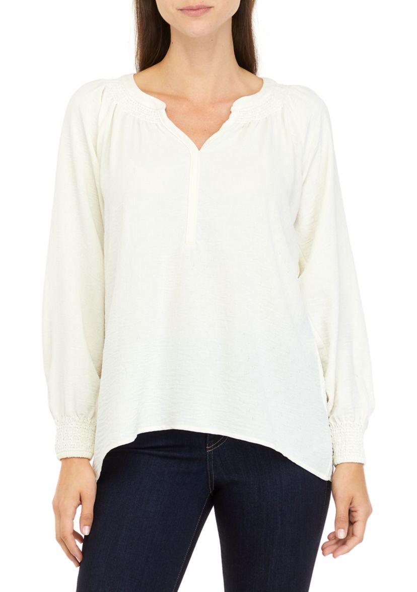 Womens Long Sleeve Split Neck Popover Top 