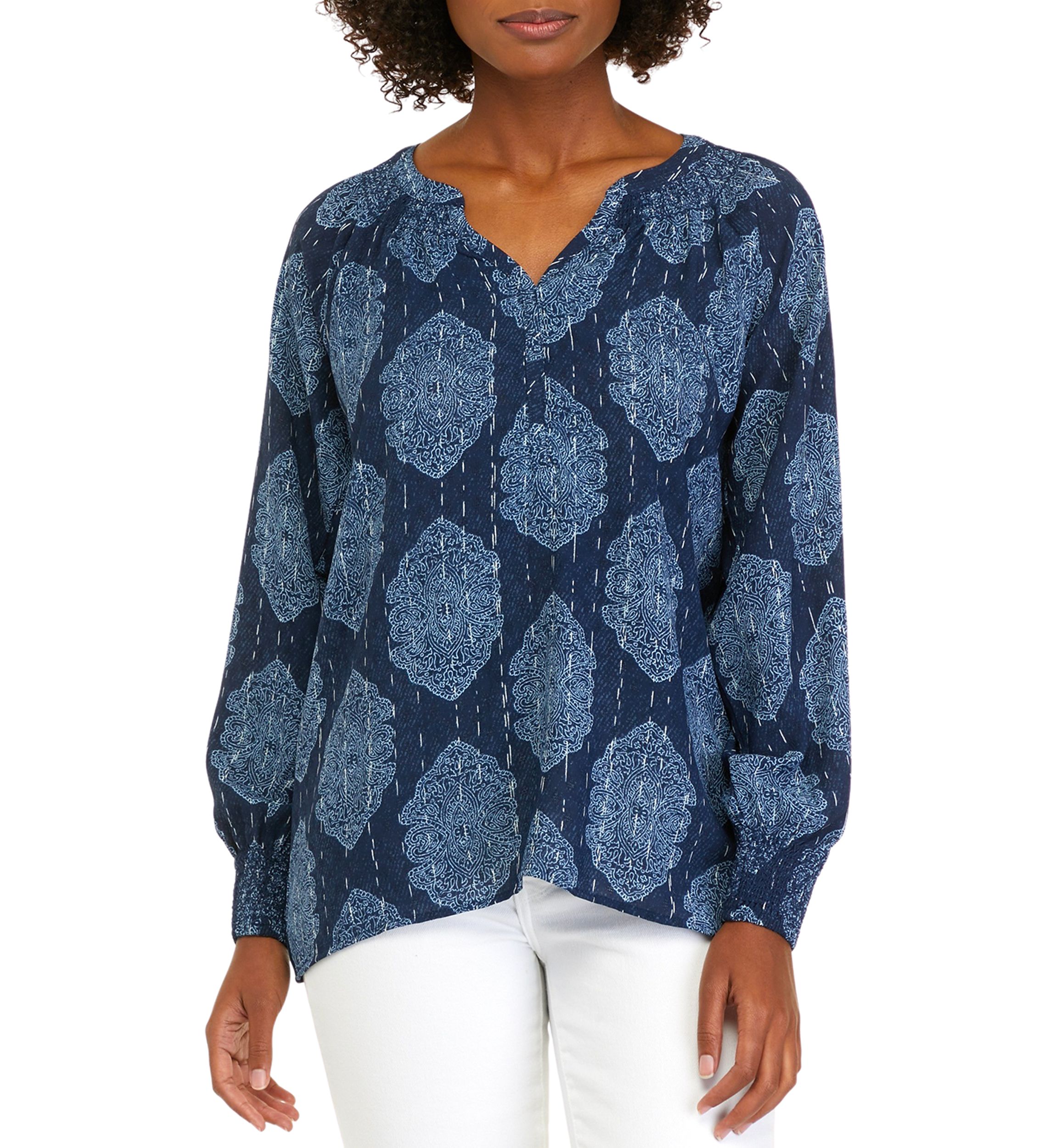 Womens Long Sleeve Airflow V-Neck Peasant Top 									