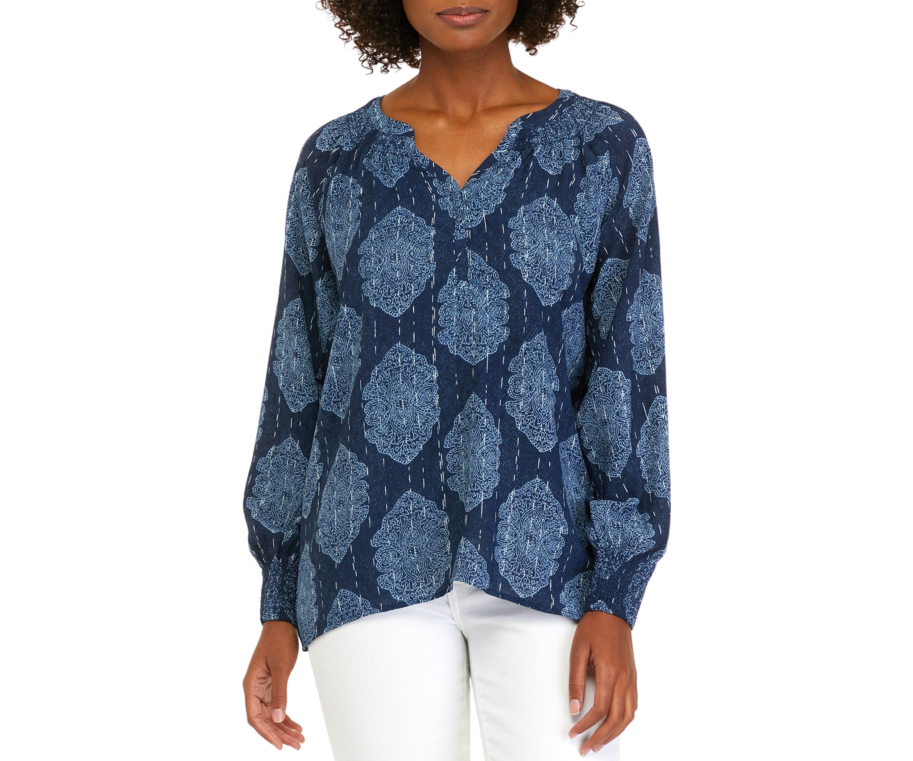 Womens Long Sleeve Airflow V-Neck Peasant Top 									