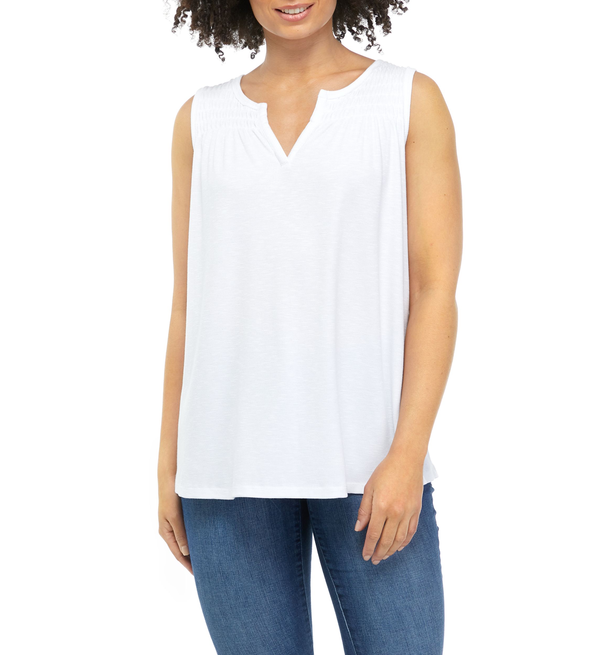 Womens Sleeveless Smocked Yoke Tank
