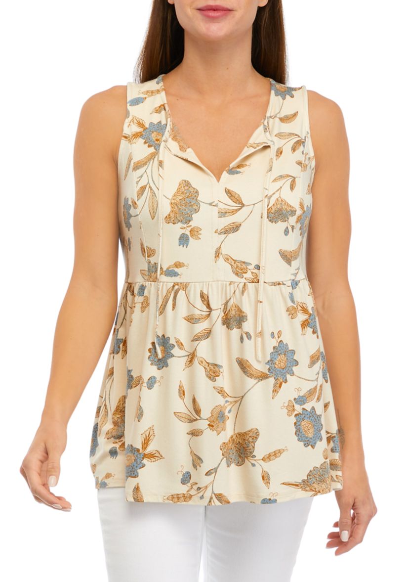 Womens Sleeveless Split Neck Printed Tunic Top