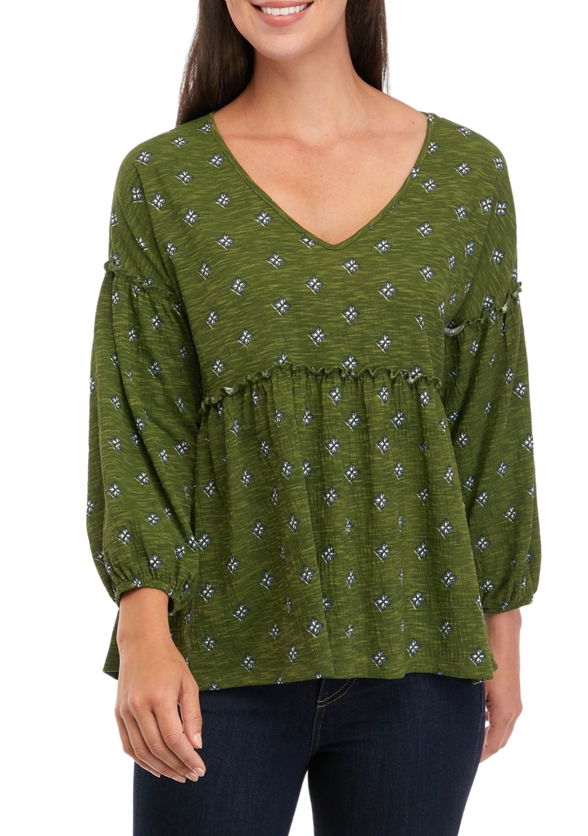 Womens Slouchy V-Neck Printed Top 