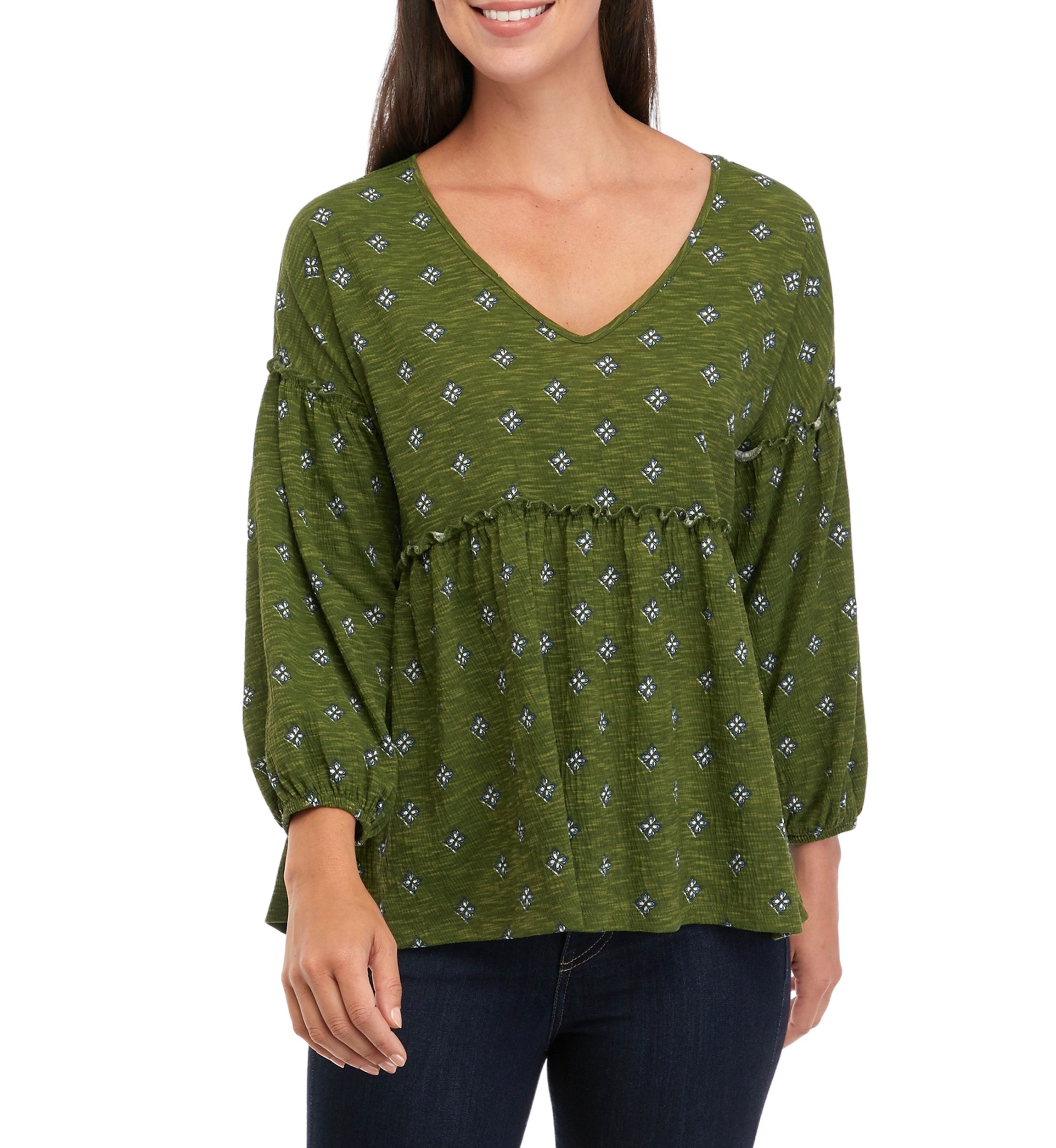Womens Slouchy V-Neck Printed Top 