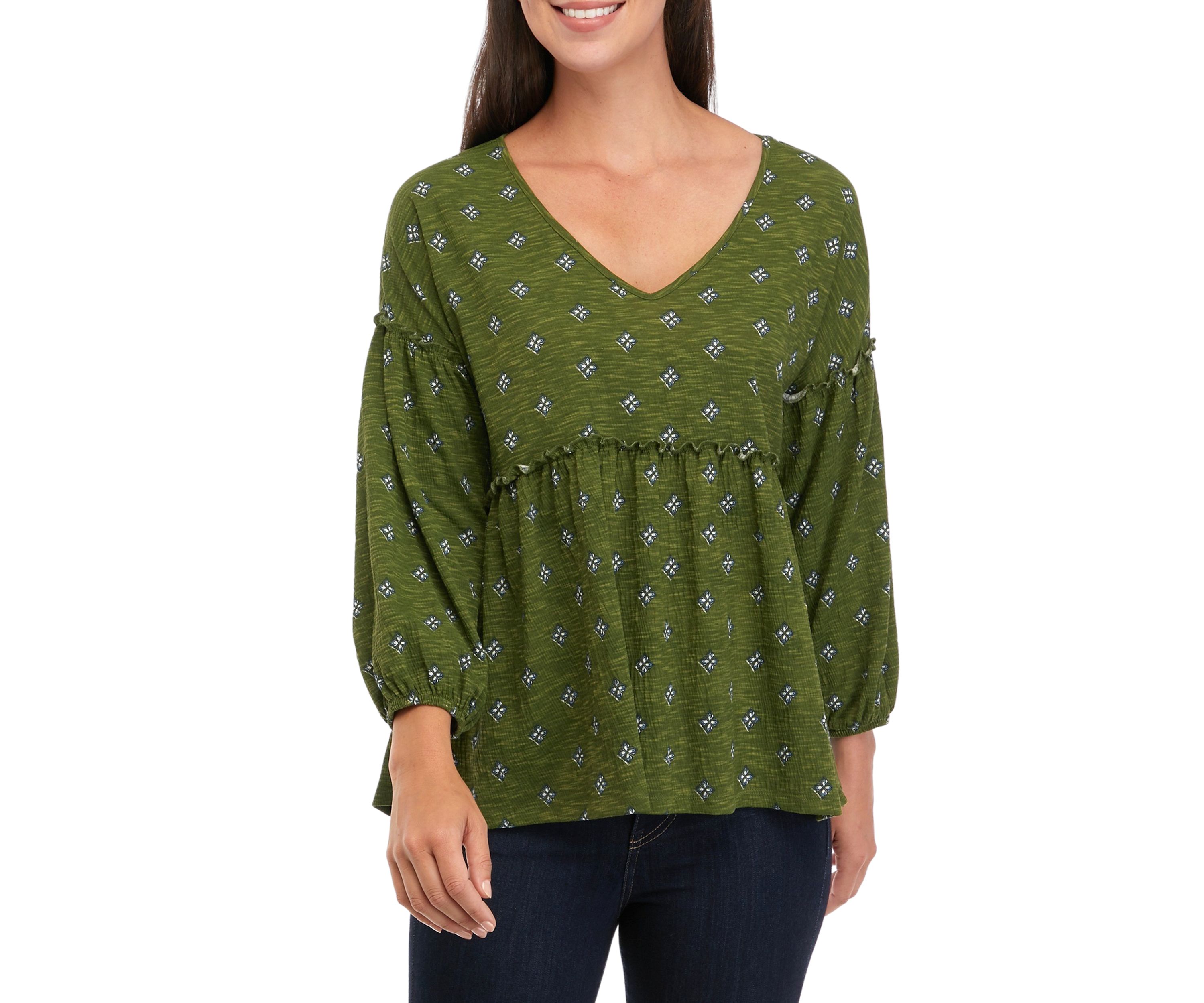 Womens Slouchy V-Neck Printed Top 