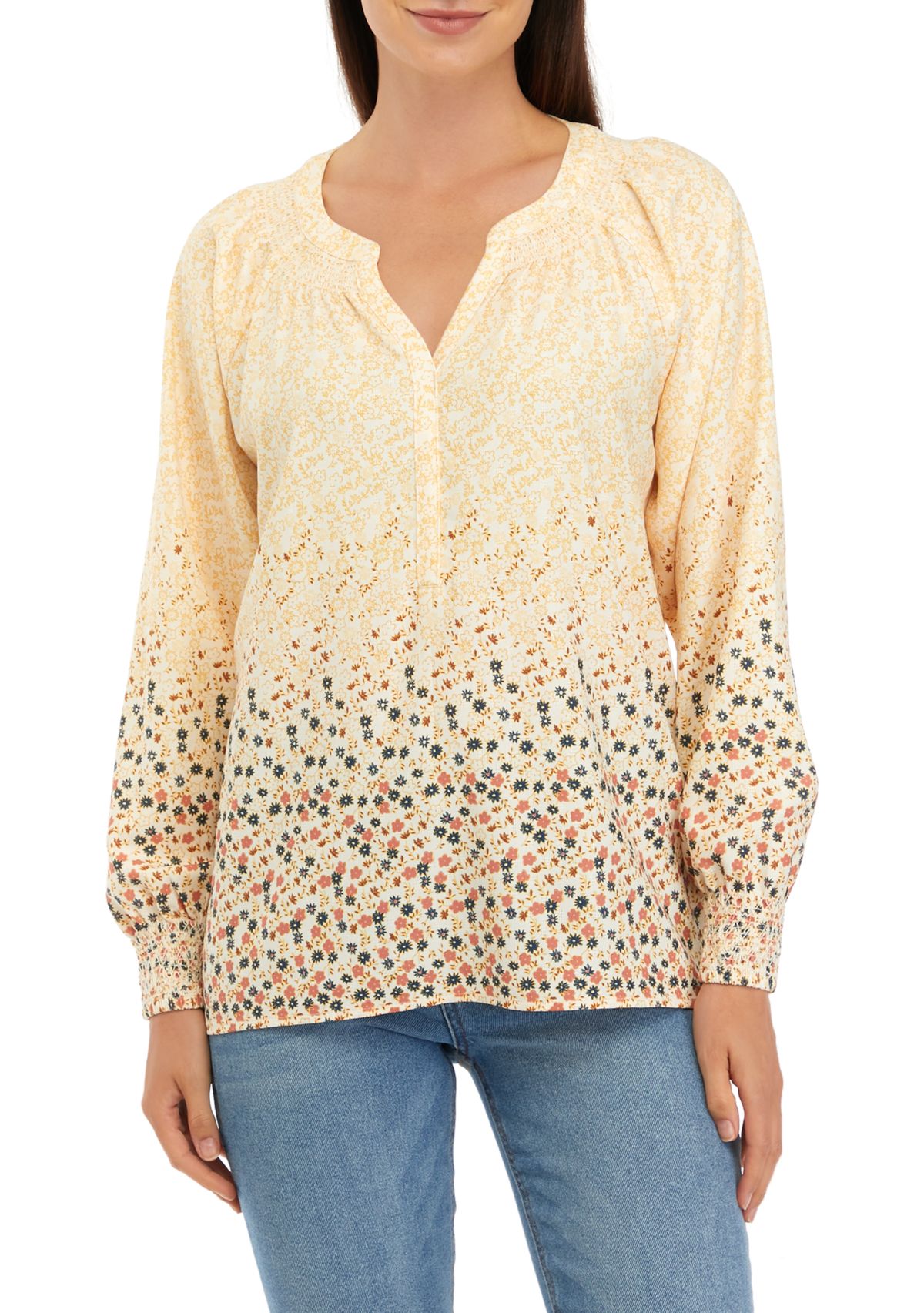 Womens Long Sleeve Split Neck Popover Printed Top