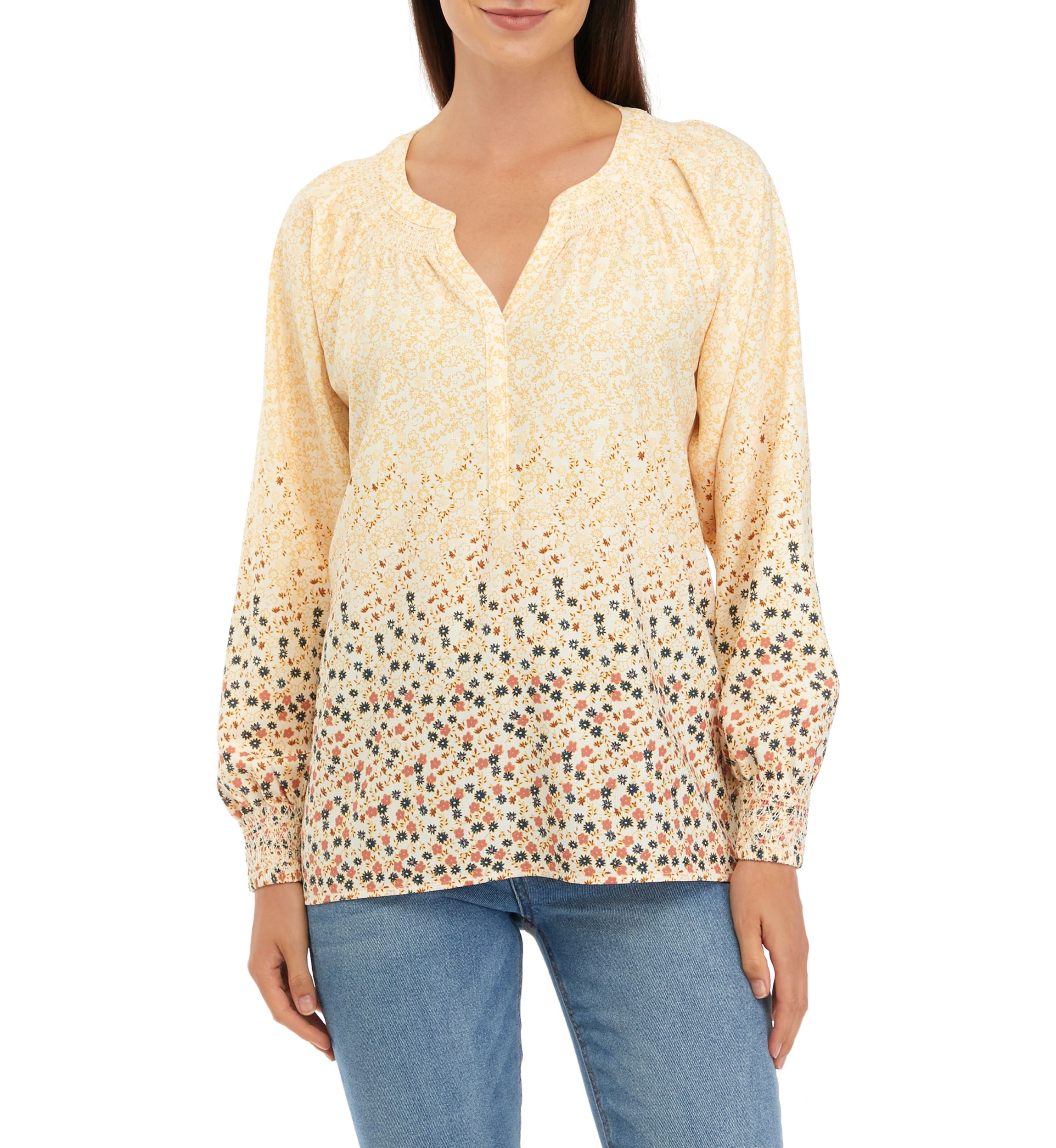 Womens Long Sleeve Split Neck Popover Printed Top