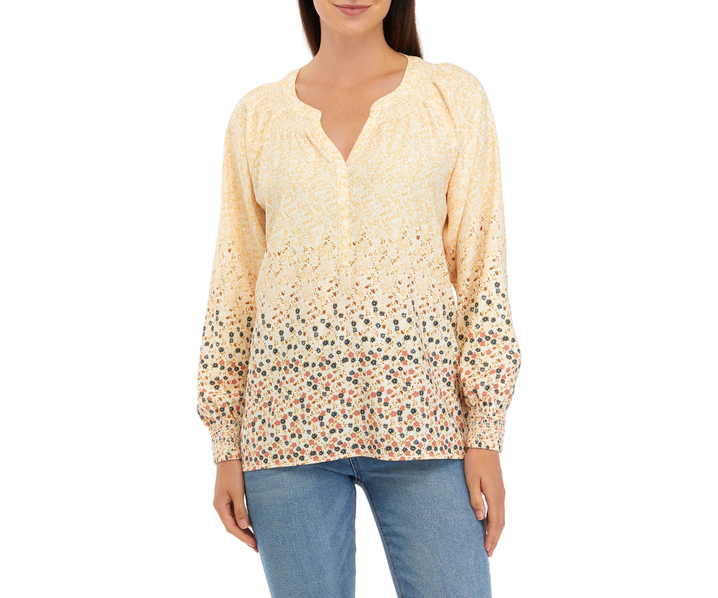 Womens Long Sleeve Split Neck Popover Printed Top