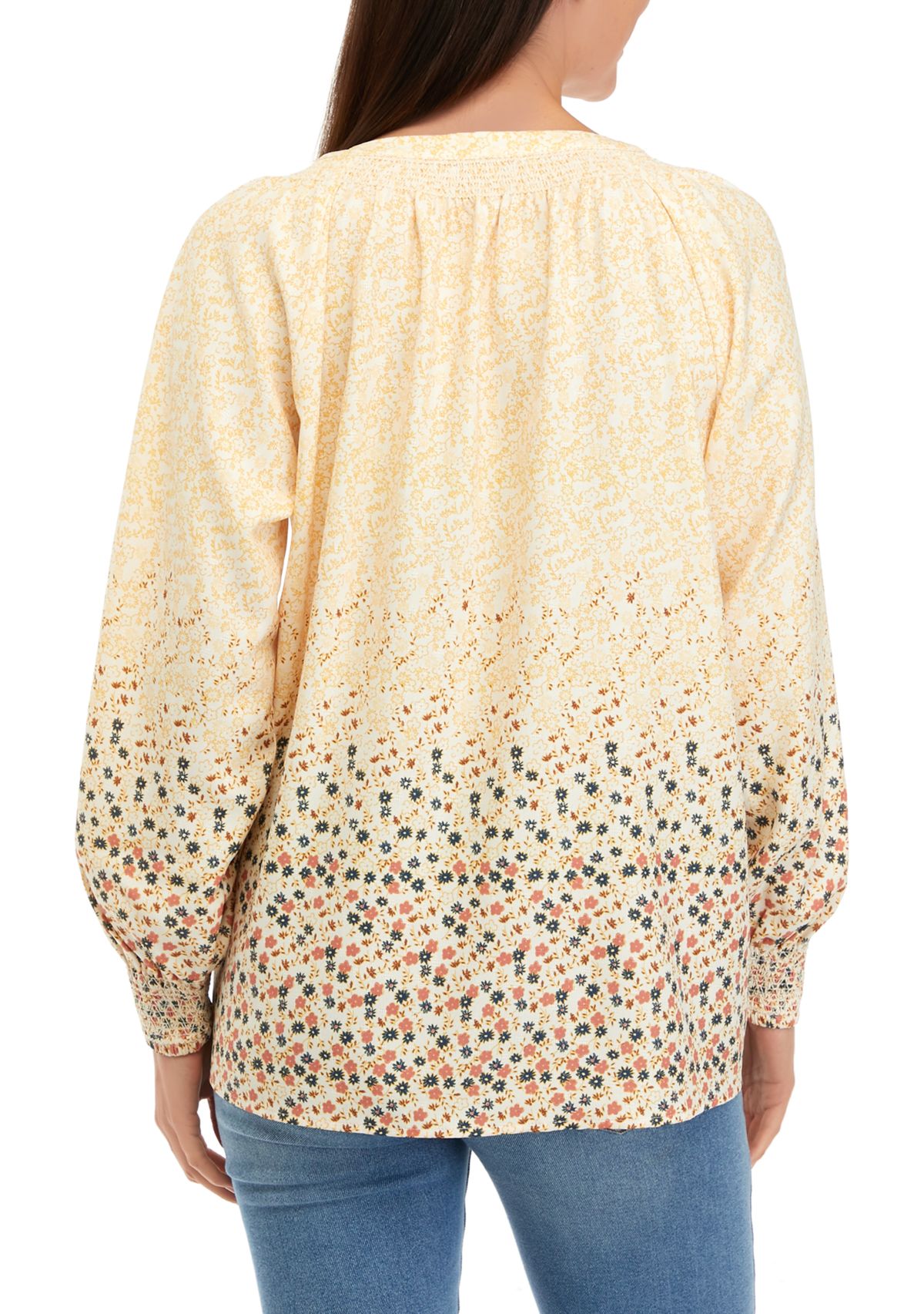 Womens Long Sleeve Split Neck Popover Printed Top
