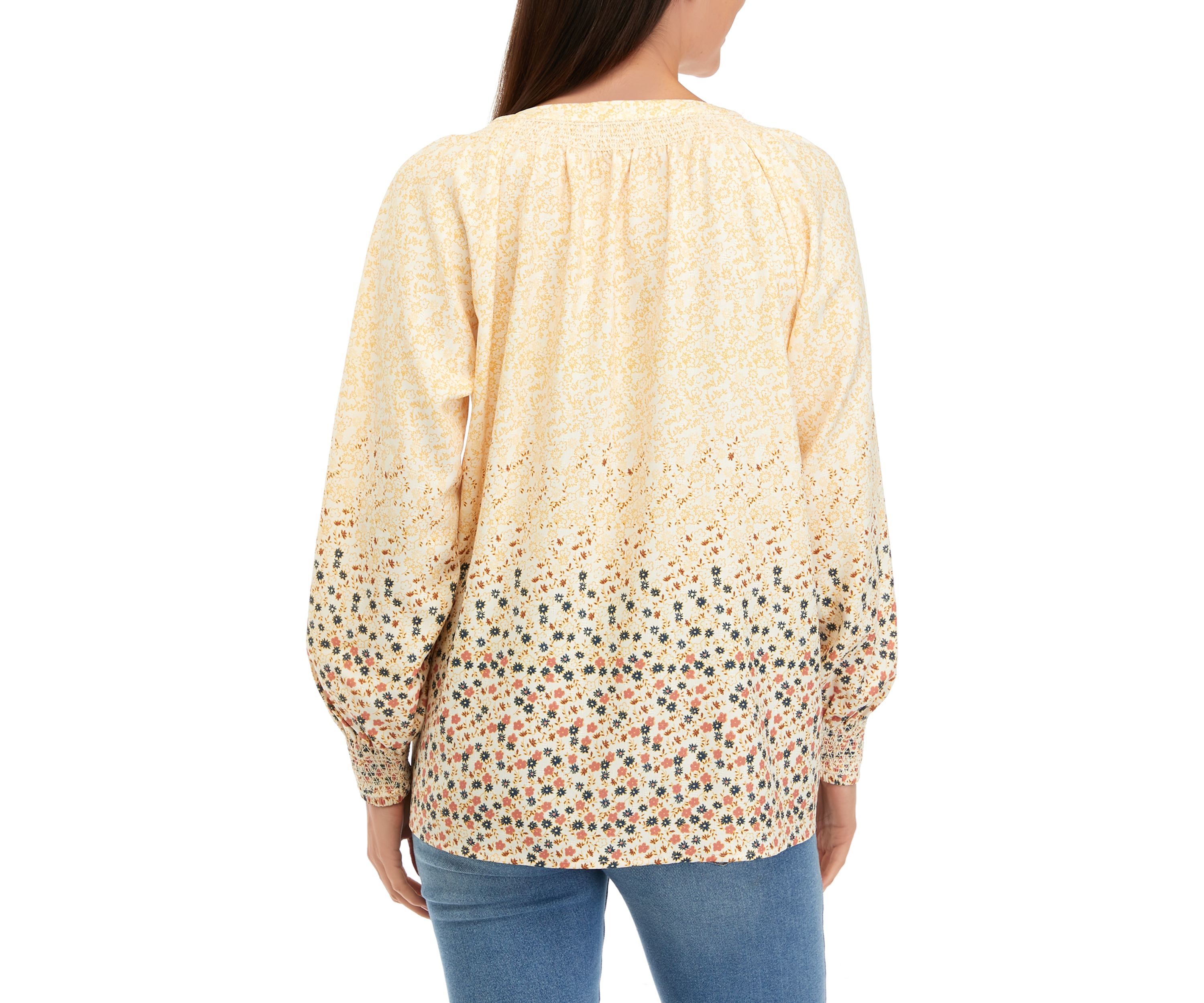Womens Long Sleeve Split Neck Popover Printed Top