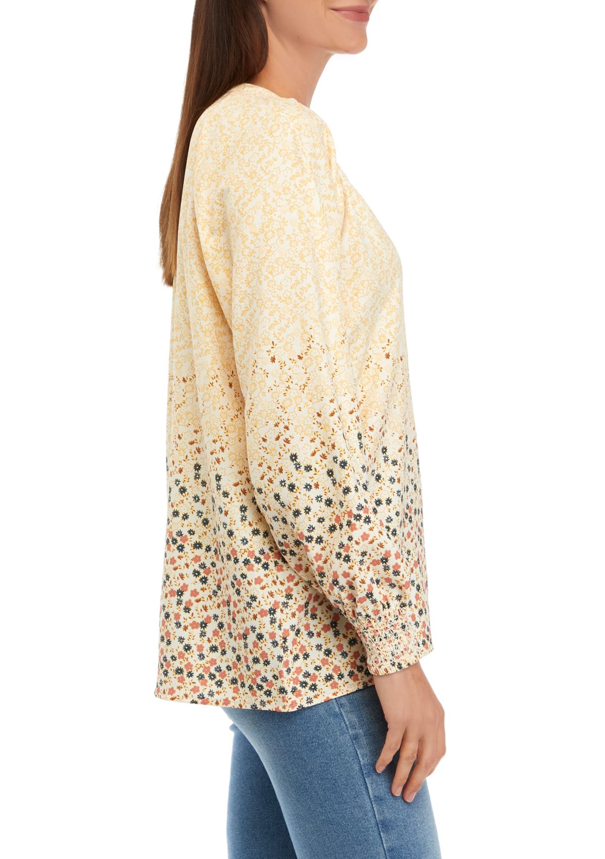 Womens Long Sleeve Split Neck Popover Printed Top