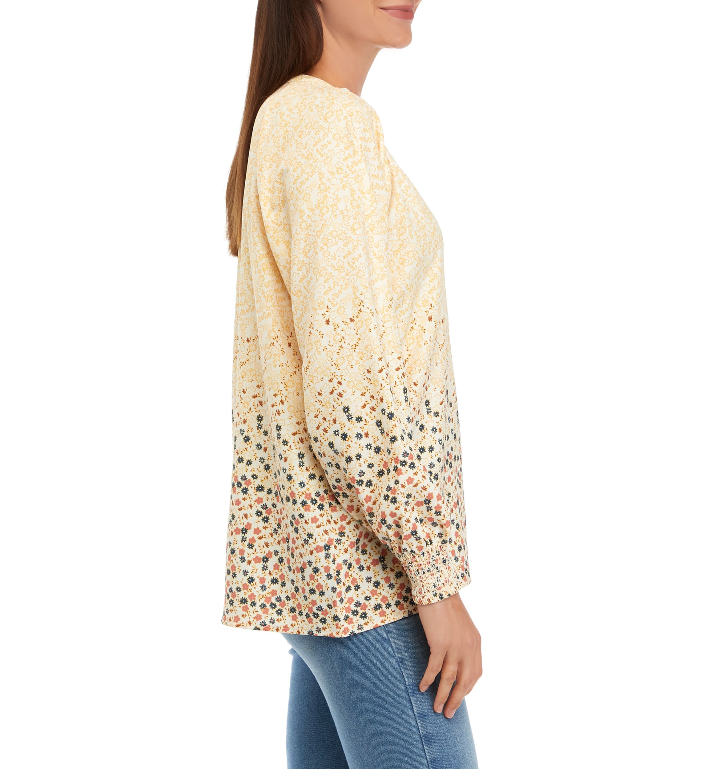 Womens Long Sleeve Split Neck Popover Printed Top