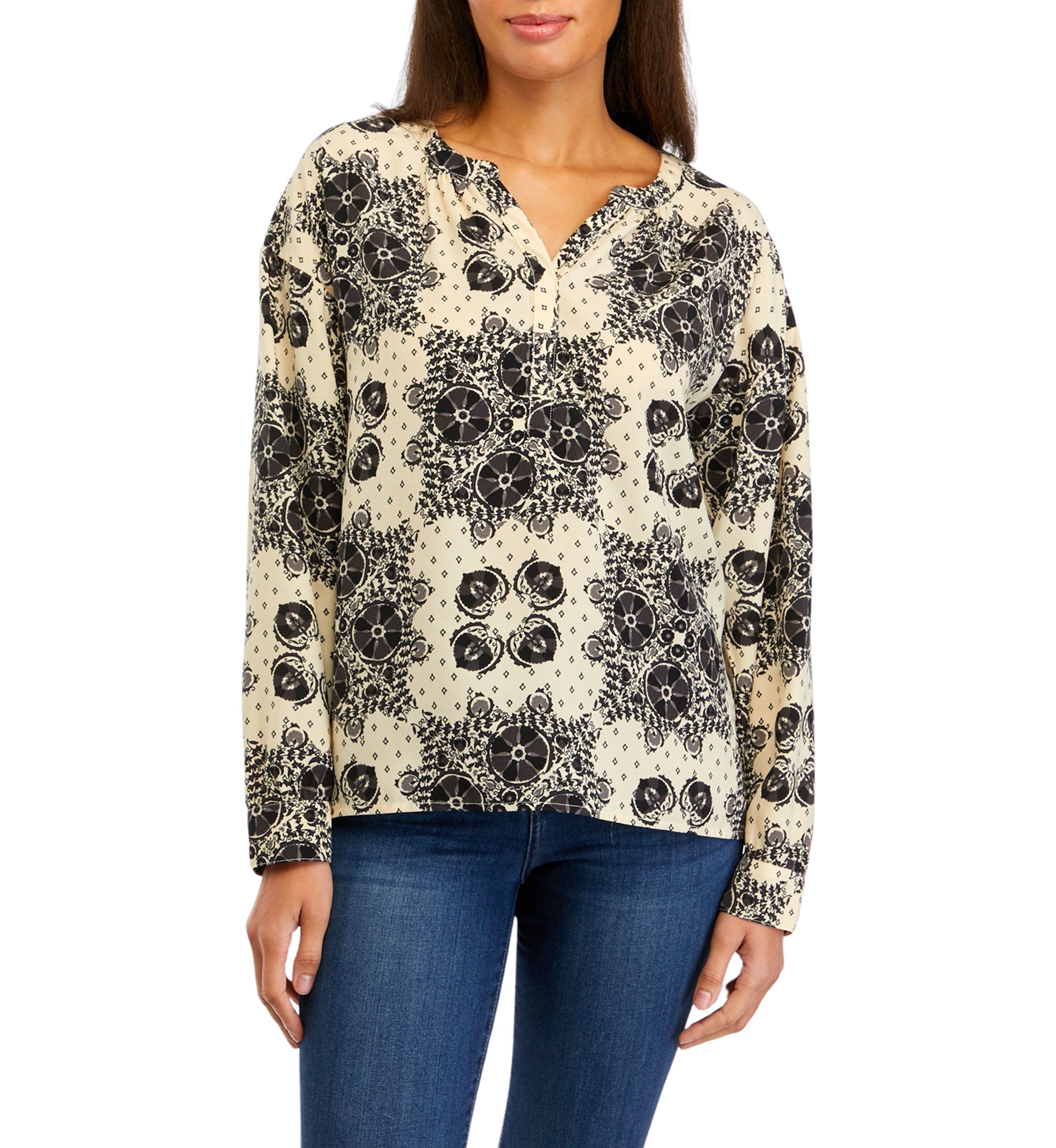 Womens Long Sleeve Henley Popover Top